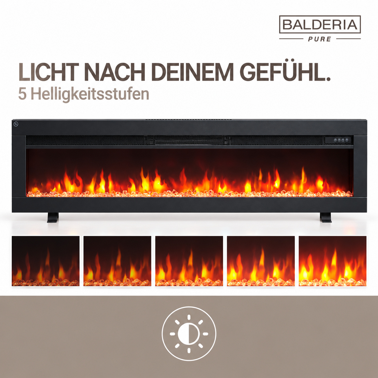 Balderia Pure ElektroKamin mit 5 Helligkeitsstufen und tanzenden Flammen über leuchtenden Kristallen.