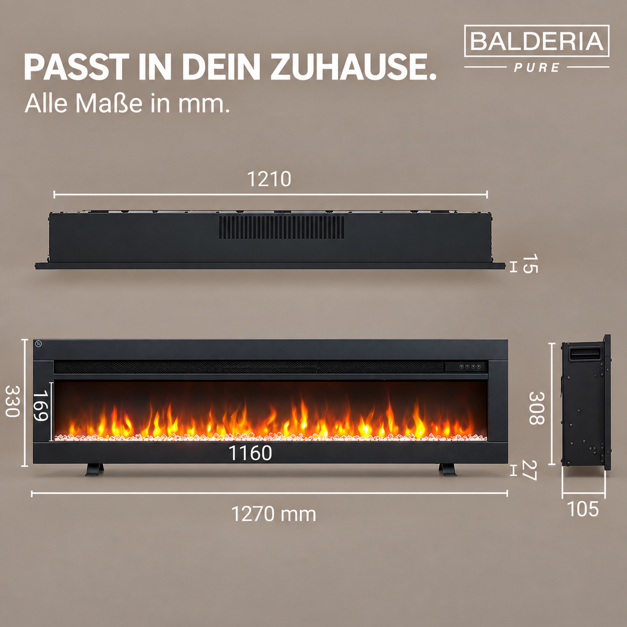 Technische Zeichnung und Maße eines schwarzen Balderia Pure Elektrokamins mit brennenden Flammen.
