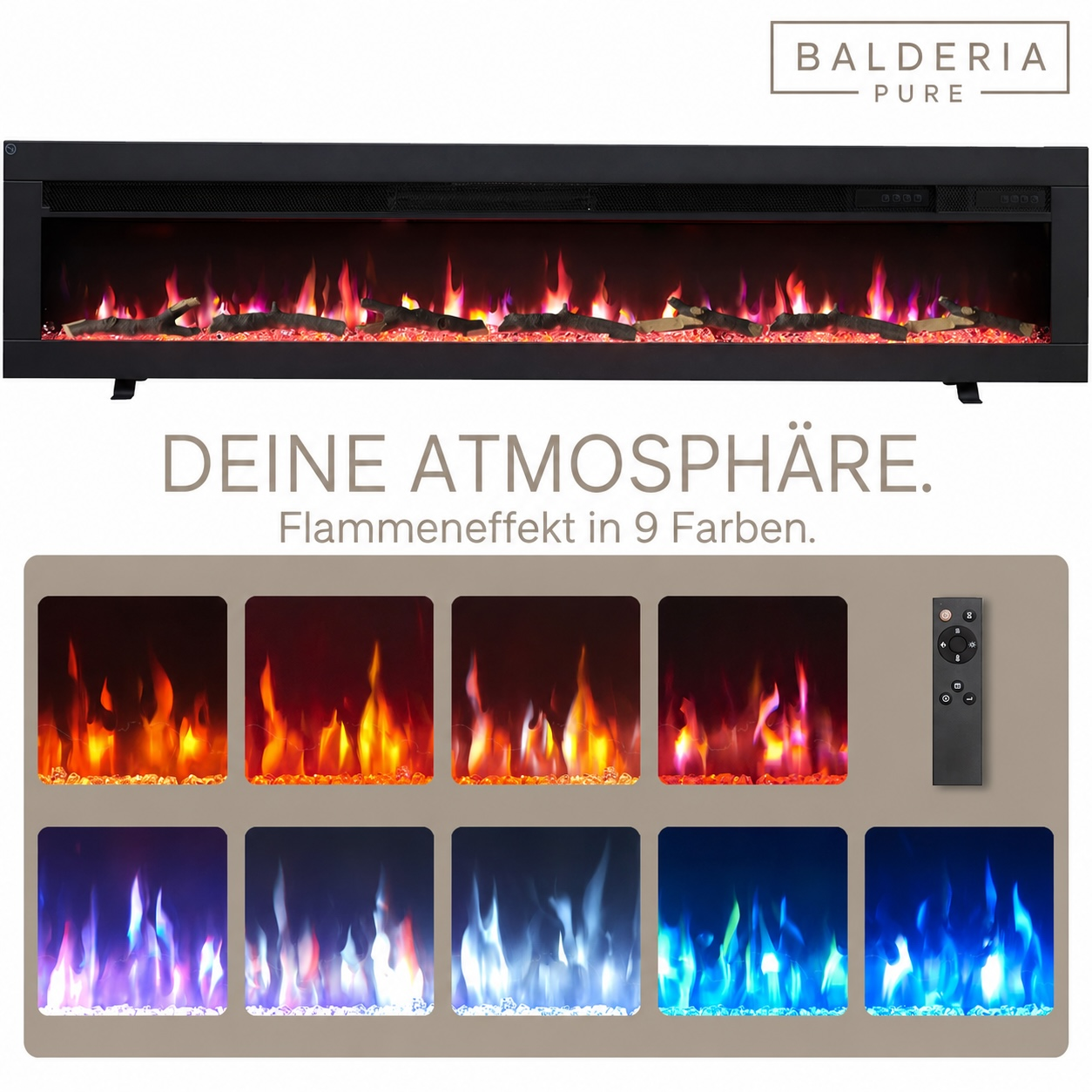 Elektrischer Kamin mit rot-blauen Flammenffekten und Fernbedienung.