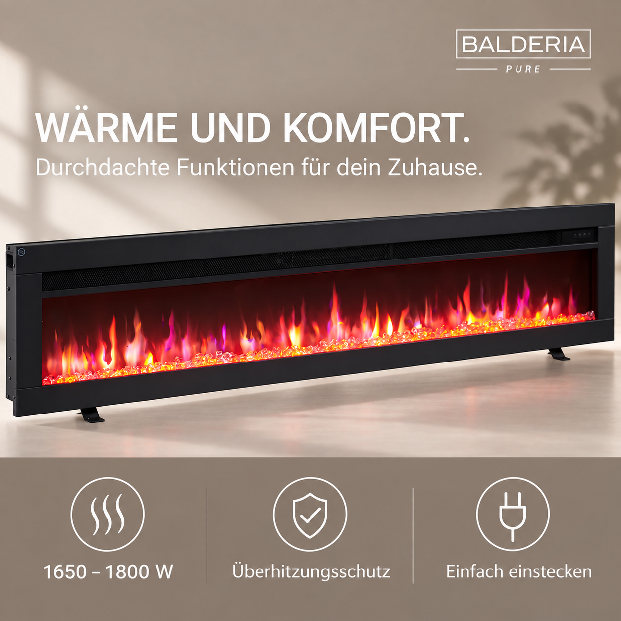 Schwarzer elektrischer Kamin mit roten Flammen, Markenlogo Balderia Pure und drei Funktionssymbolen unten.