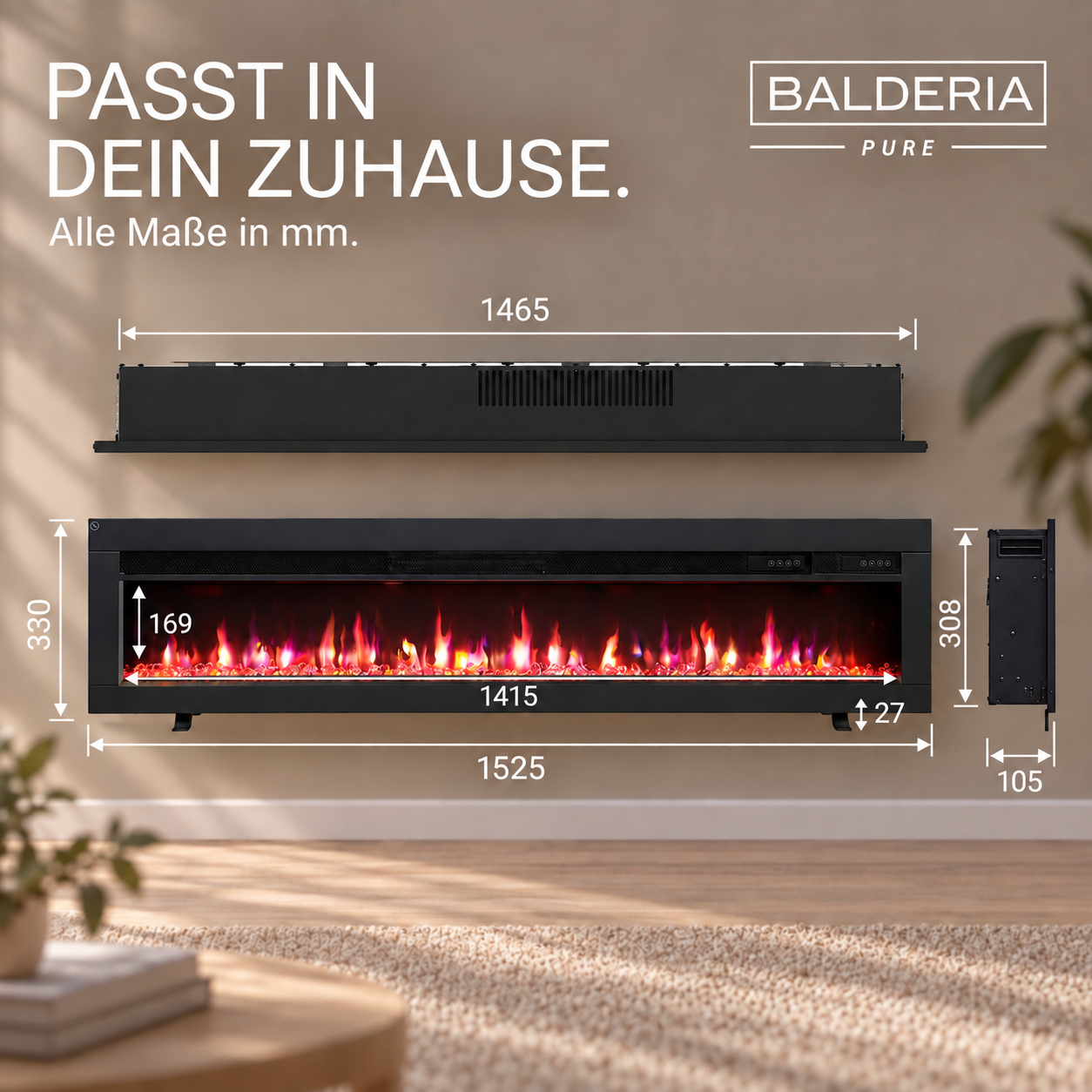 Technische Zeichnung eines Balderia Elektrokamins mit Maßangaben in mm.