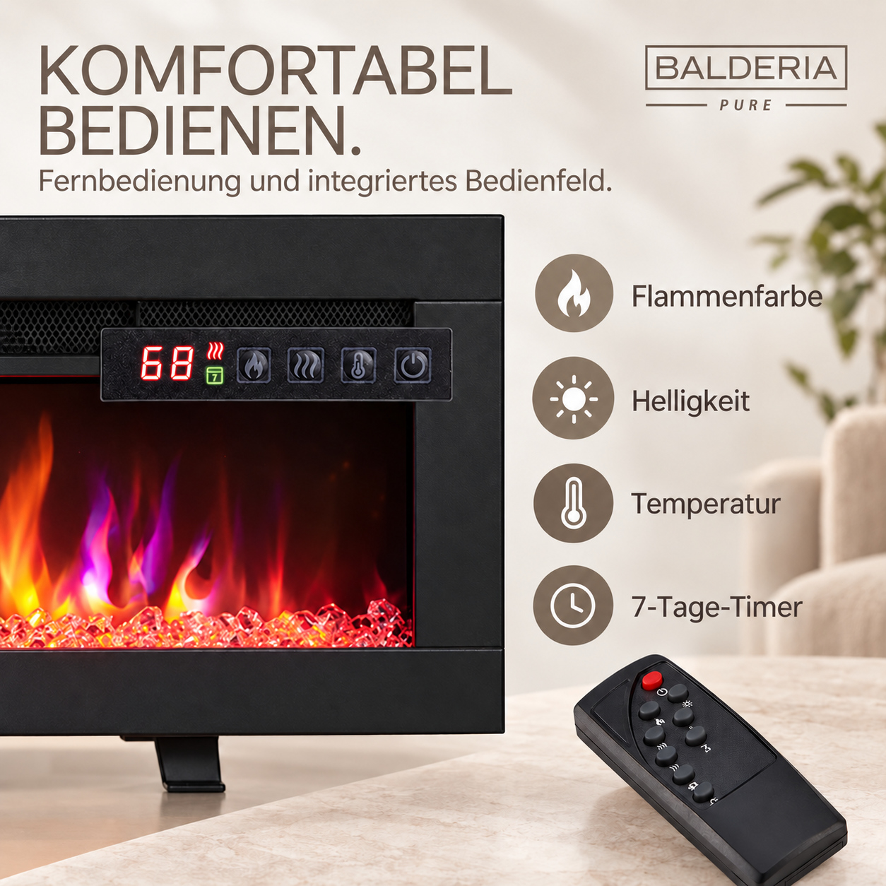 Elektrokamin mit digitaler Anzeige, bunten Flammen, Fernbedienung und Einstellungsicons.