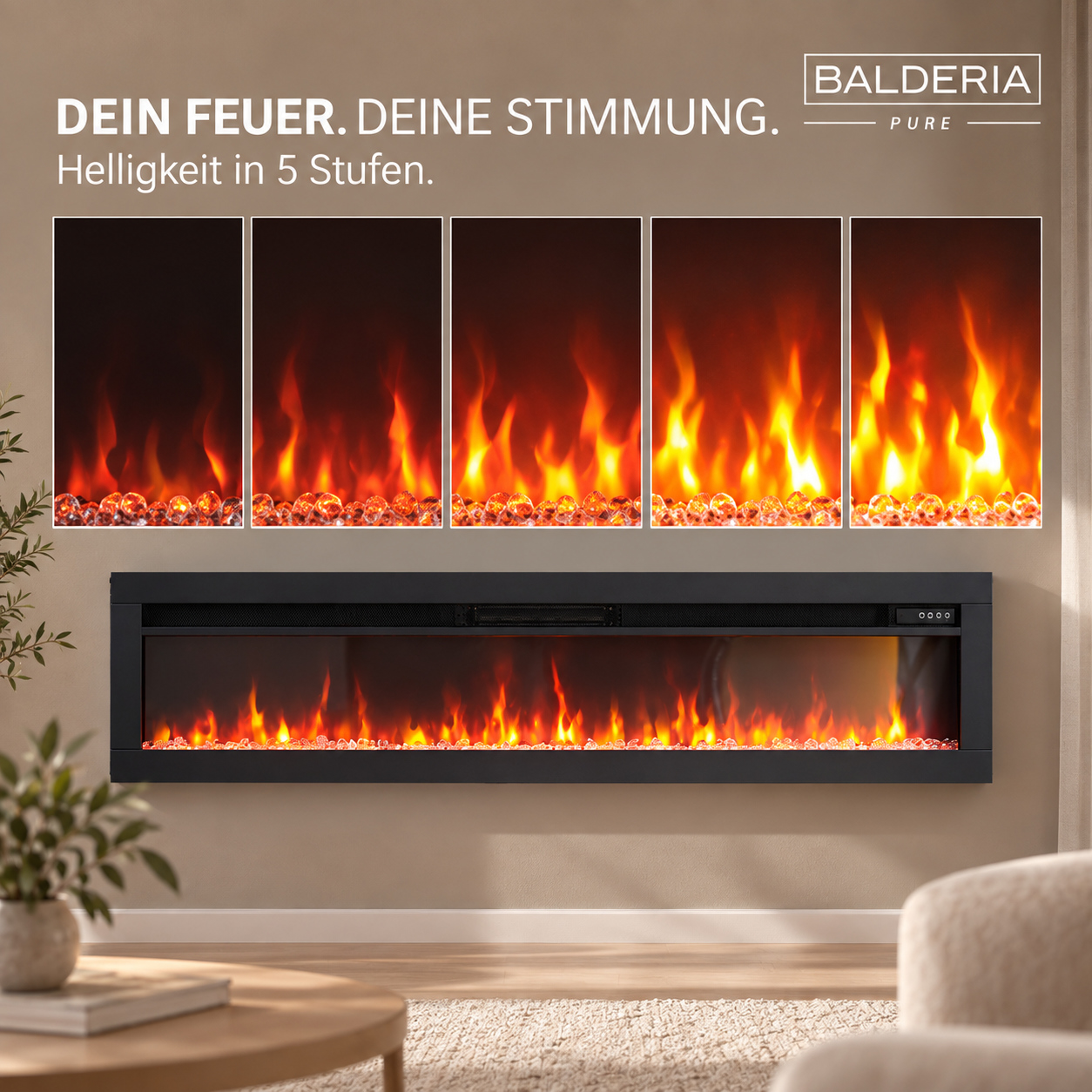 Moderne Wandkamin mit fünf Helligkeitsstufen für realistische Flammen. Darüber Grafiken zur Helligkeit.