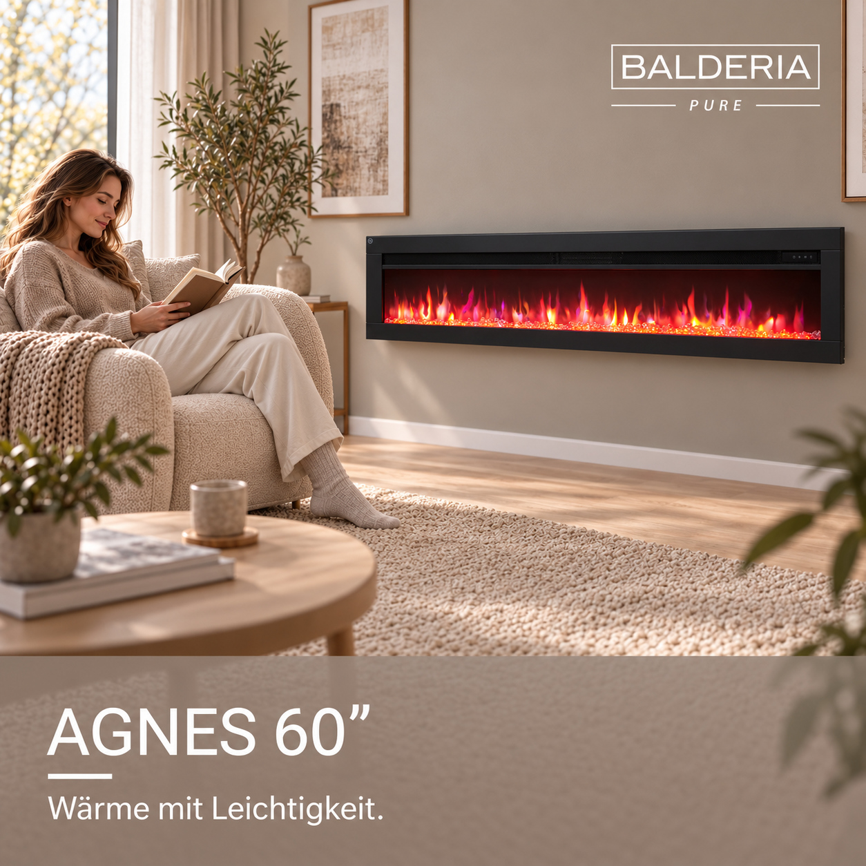 Eine Frau sitzt gemütlich auf einem Sessel und liest, während an der Wand ein langer elektrischer Kamin brennt.