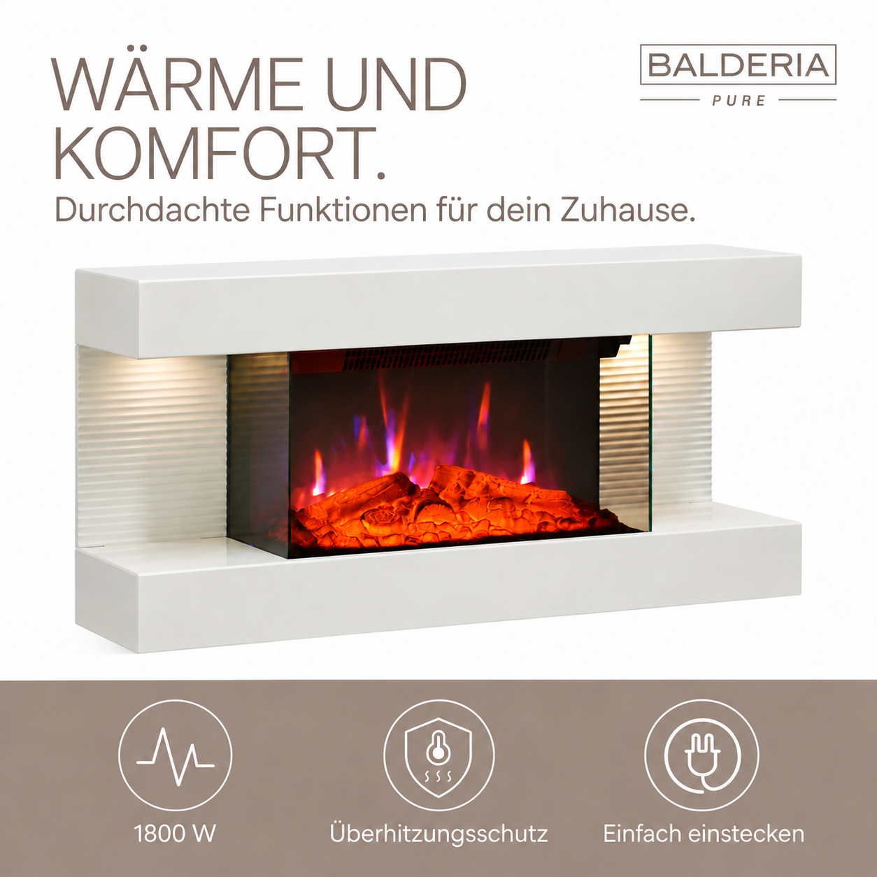 Moderne weiße Elektrokamin-Konsole mit realistischen Flammen, 1800W Leistung und Überhitzungsschutz.