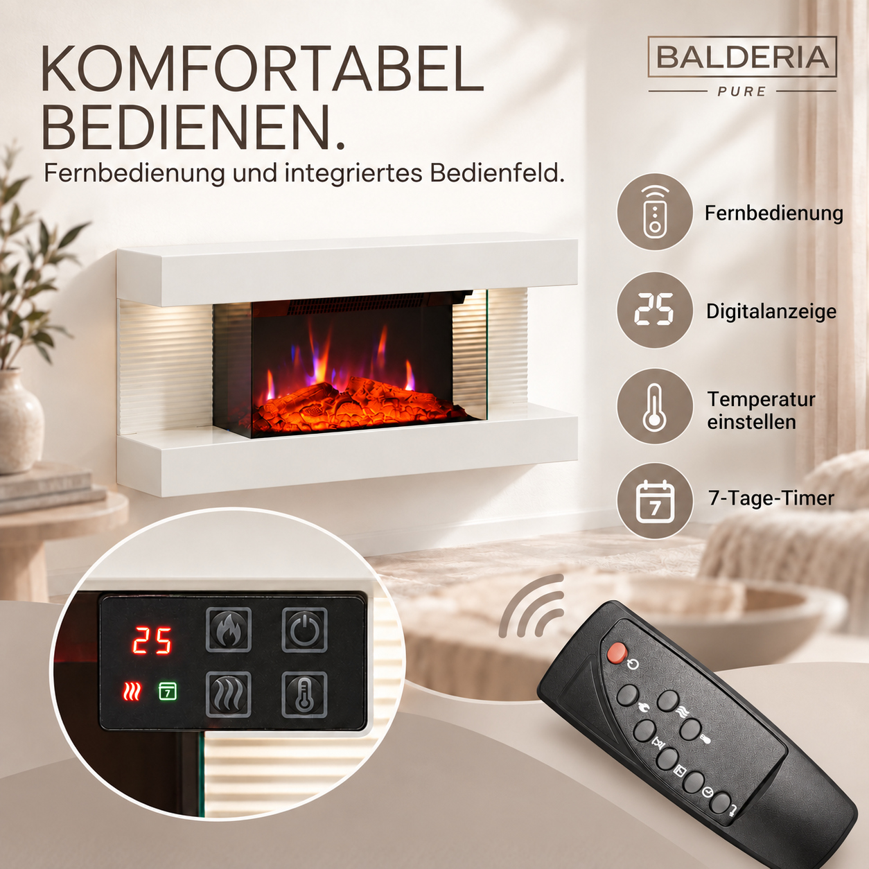Wandkamin mit Fernbedienung, Digitalanzeige, Temperatureinstellung und 7-Tage-Timer.