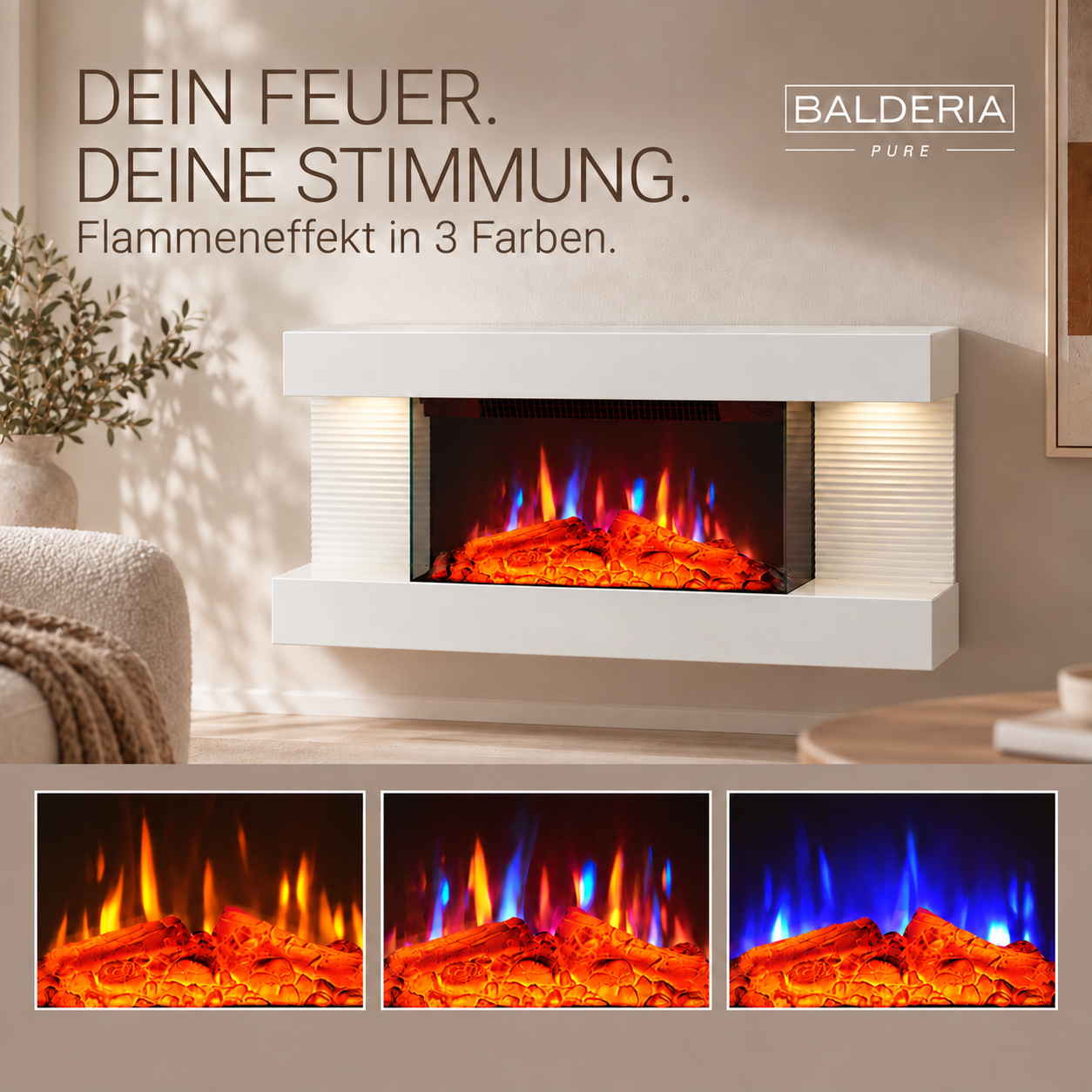 Ein weißer elektrischer Kamin zeigt unten drei Flammenfarben, oben befindet sich Text.