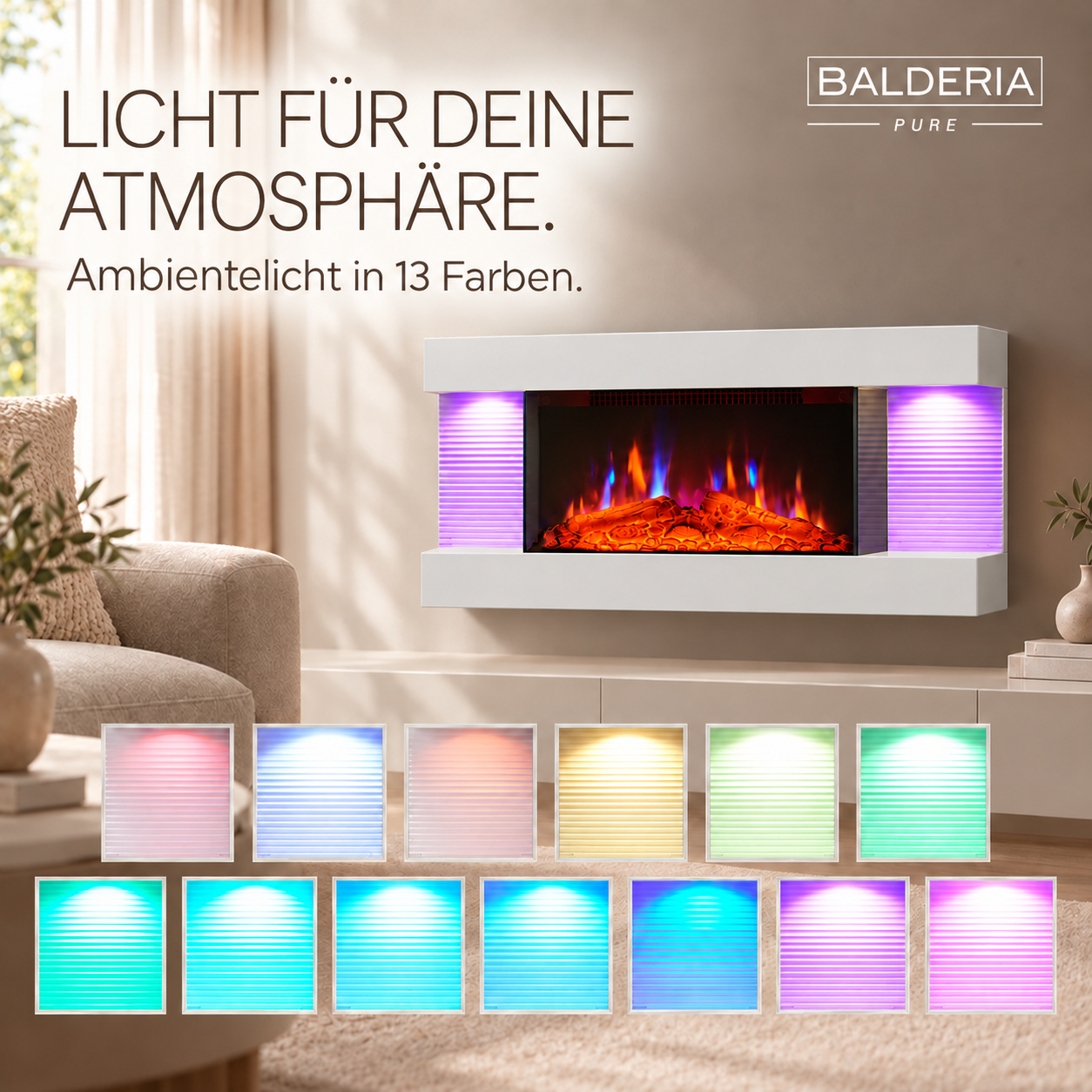 Moderne weiße Wandkamin mit simuliertem Feuer und farbigen Ambiente-Lichtoptionen in einem gemütlichen Wohnzimmer.