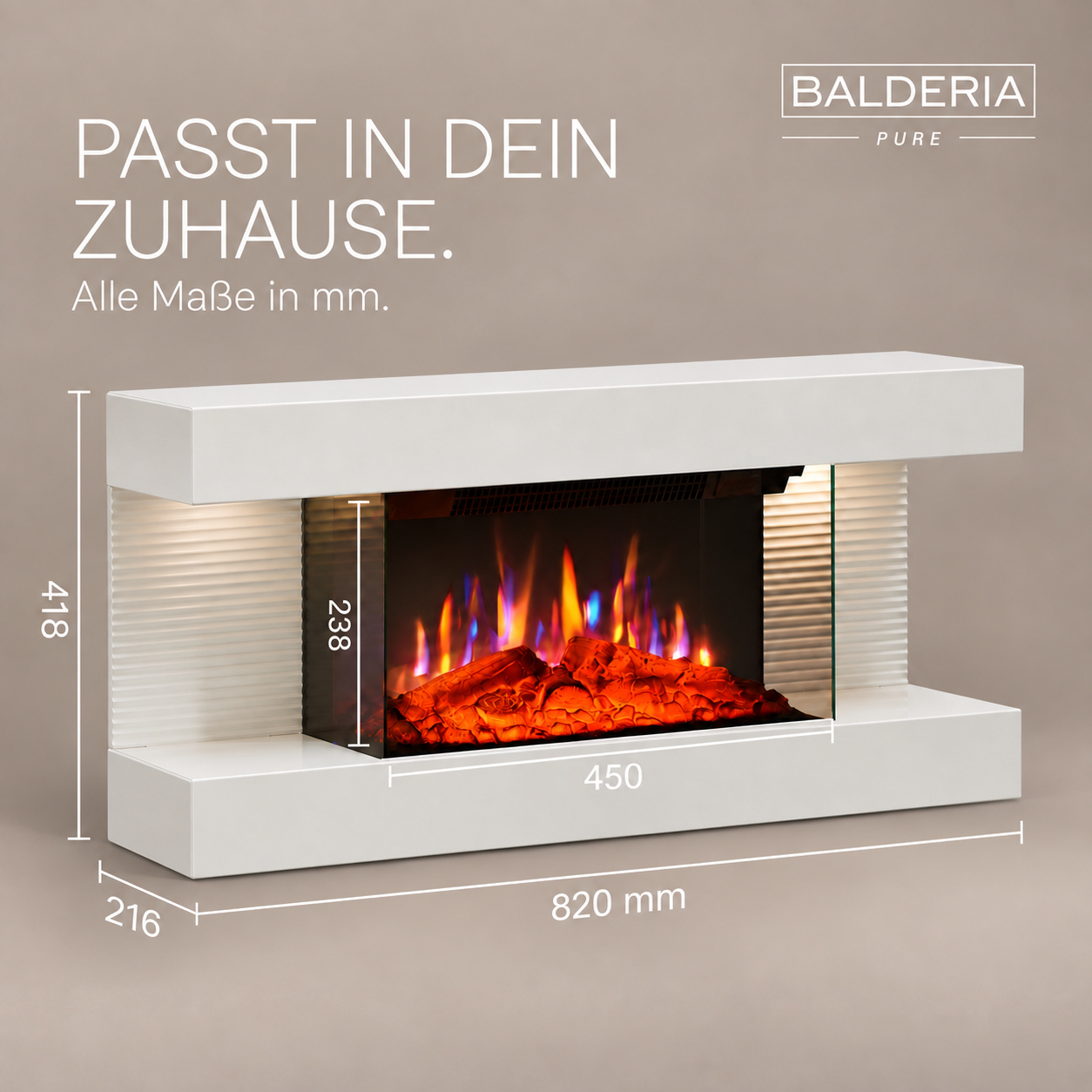 Weißer Balderia Pure Elektrokamin mit LED-Flammen und Maßangaben.