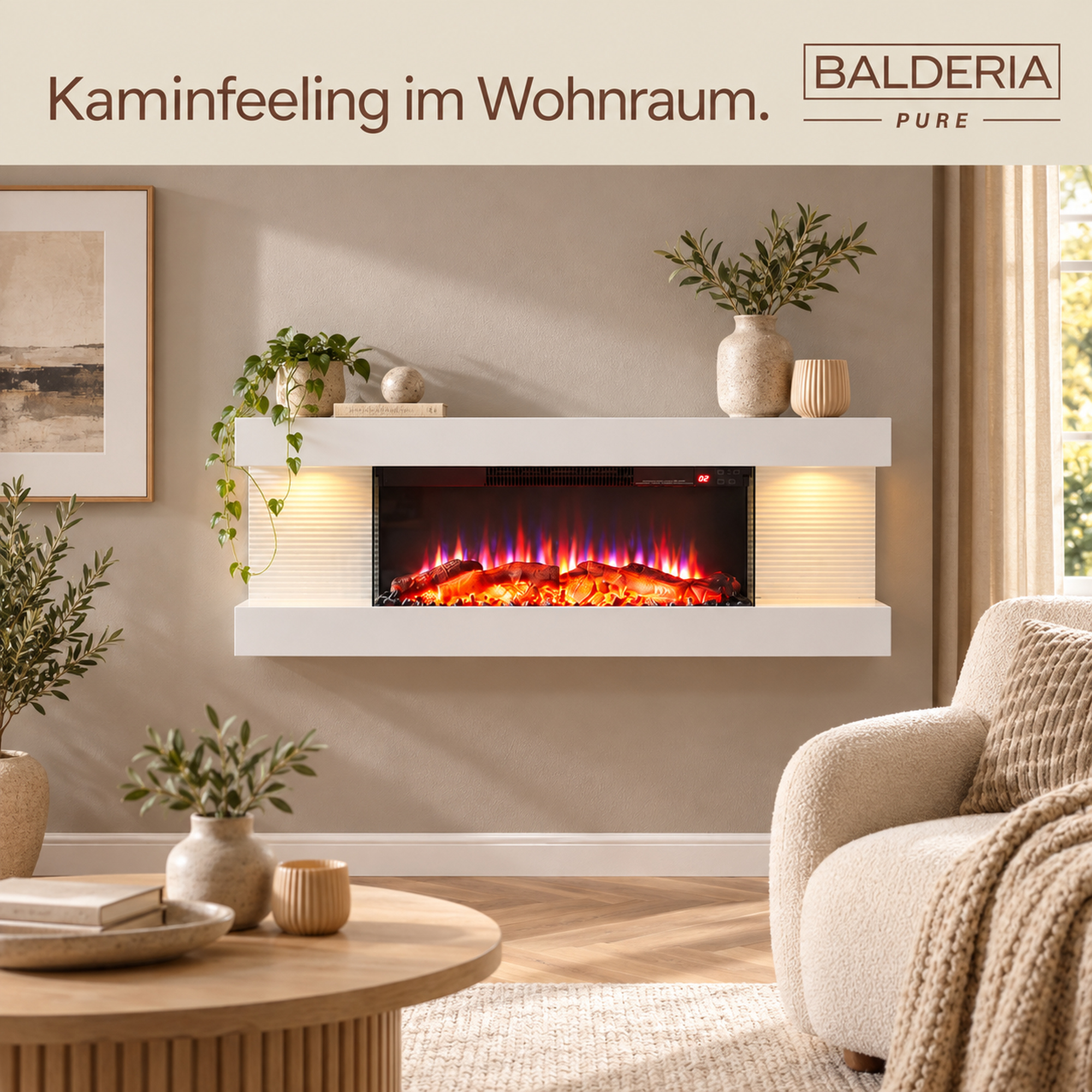 Ein moderner weißer Elektrokamin an einer beigen Wand, mit Pflanzen und Dekoration, neben einem Sessel.