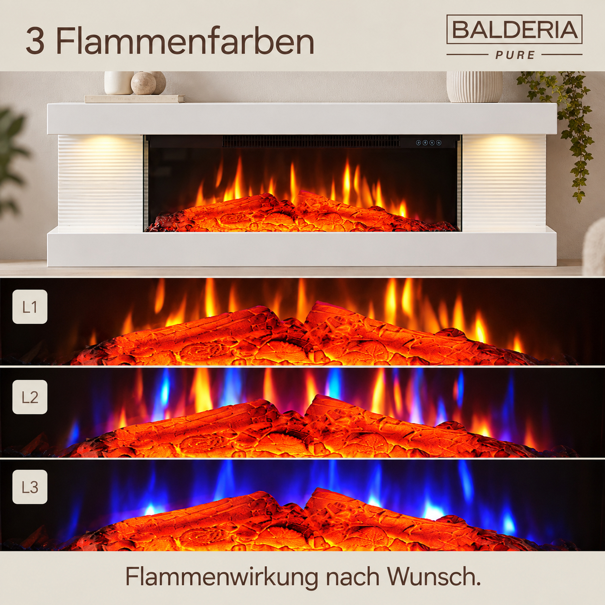 Ein weißer Elektrokamin zeigt drei verschiedene Flammenfarben in Orangetönen und Blautönen.