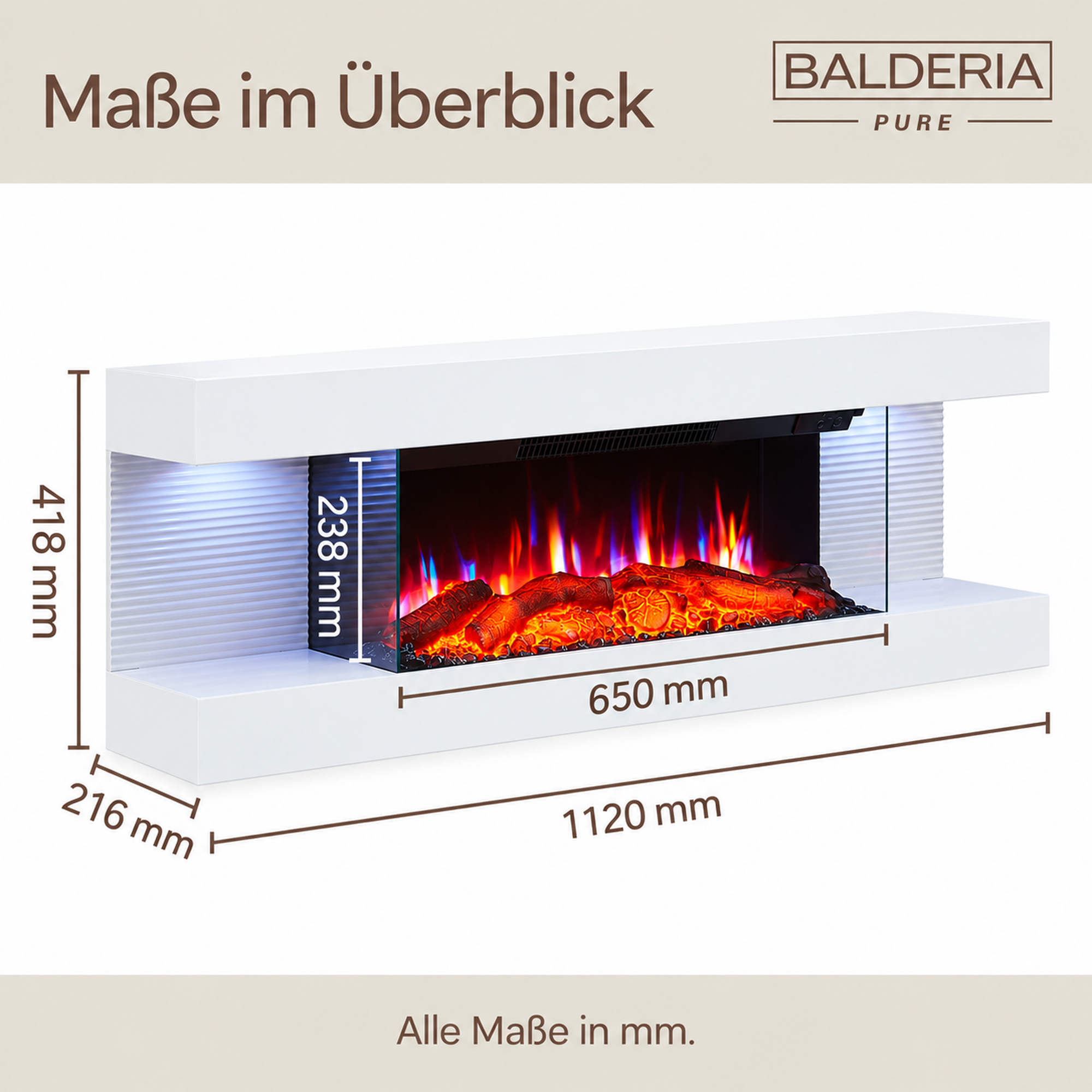 Diagramm zeigt die Maße eines weißen elektrischen Kamins von Balderia Pure mit Maßen in mm.