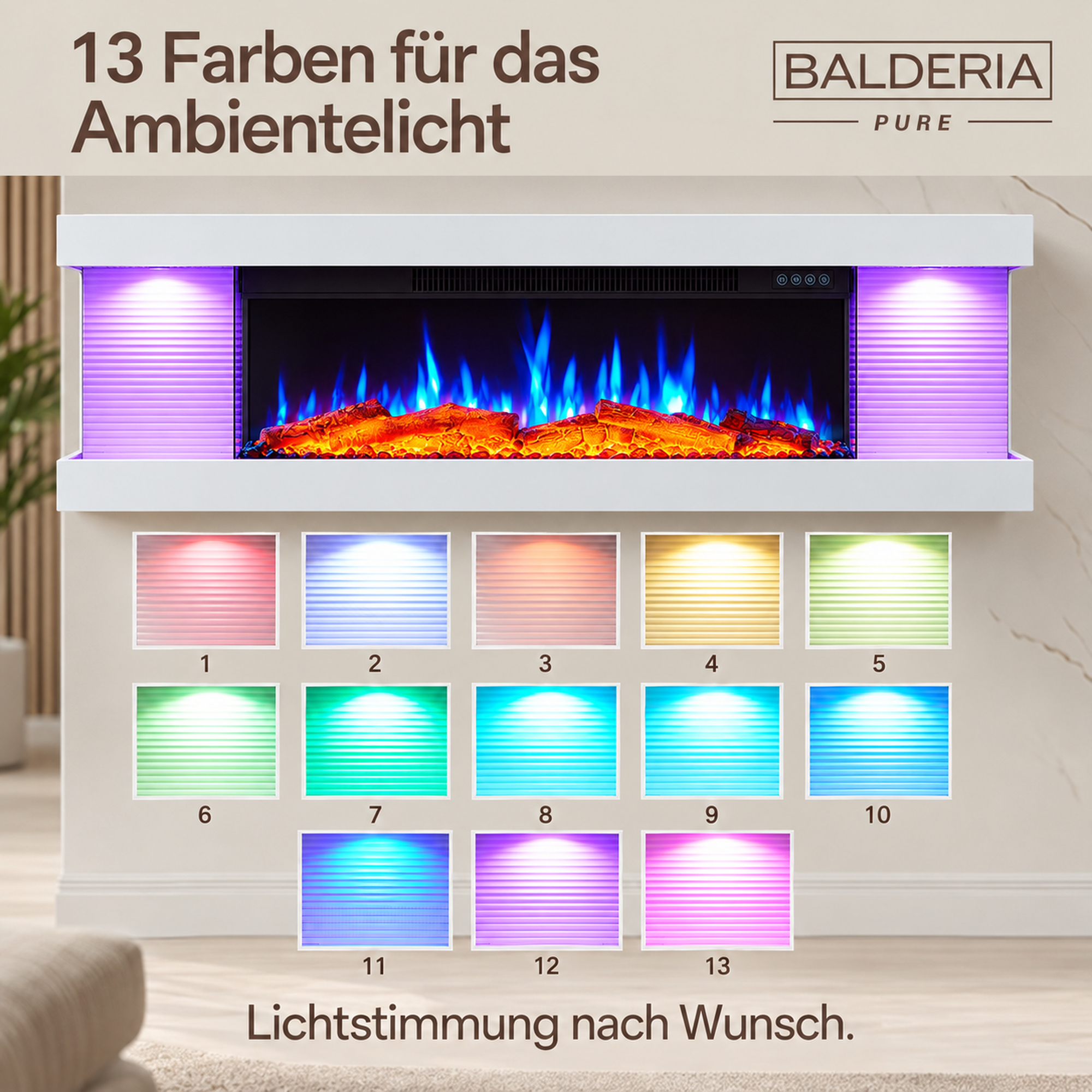 Moderner elektrischer Kamin mit blauen Flammen und 13 verschiedenen Ambientelicht-Farben zur Auswahl.