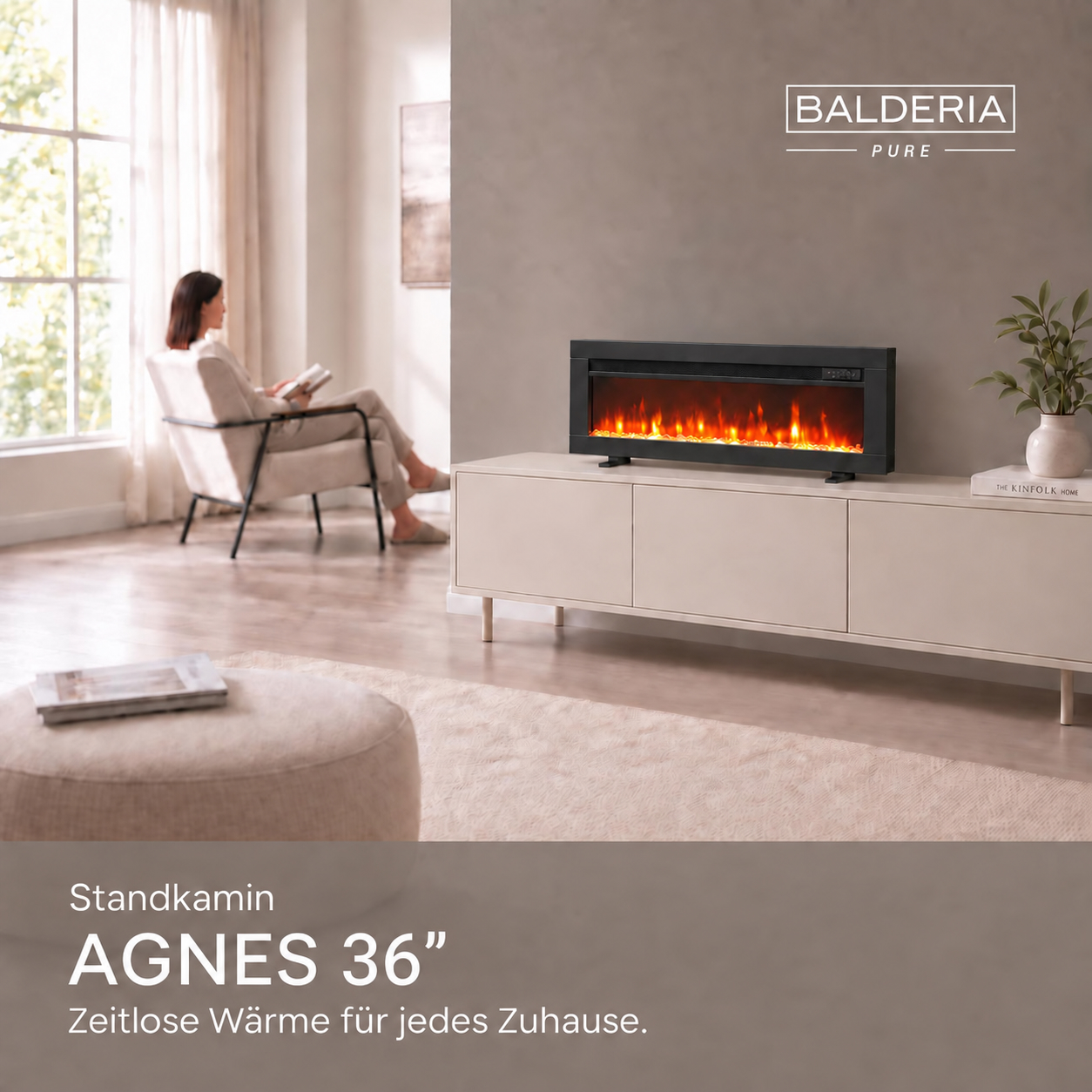 Moderner Elektrokamin auf Sideboard, Frau liest im Hintergrund.