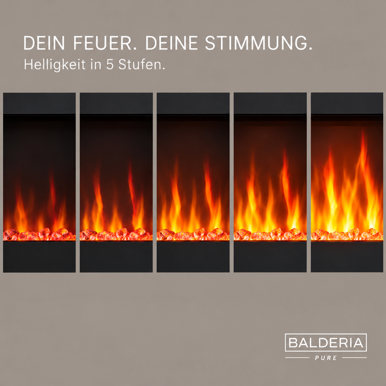 Fünf Stufen der Flammenhelligkeit in einem elektrischen Kamin von Balderia.