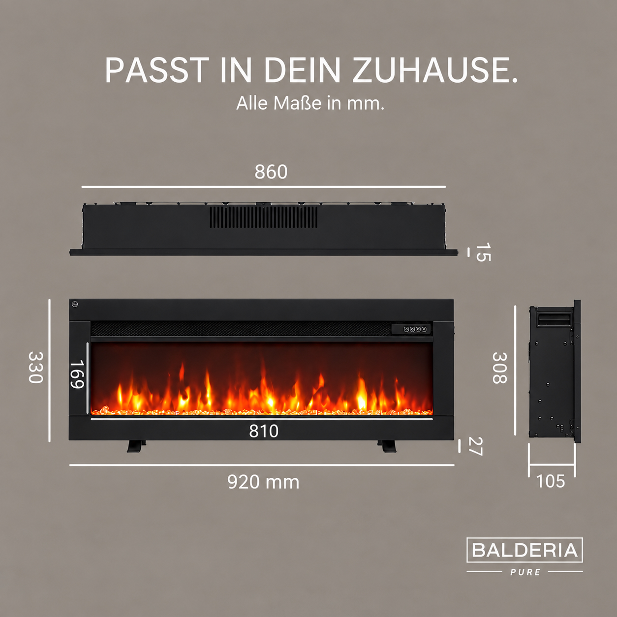 Technische Zeichnung eines Balderia Pure Elektrokamins mit Maßen in mm.