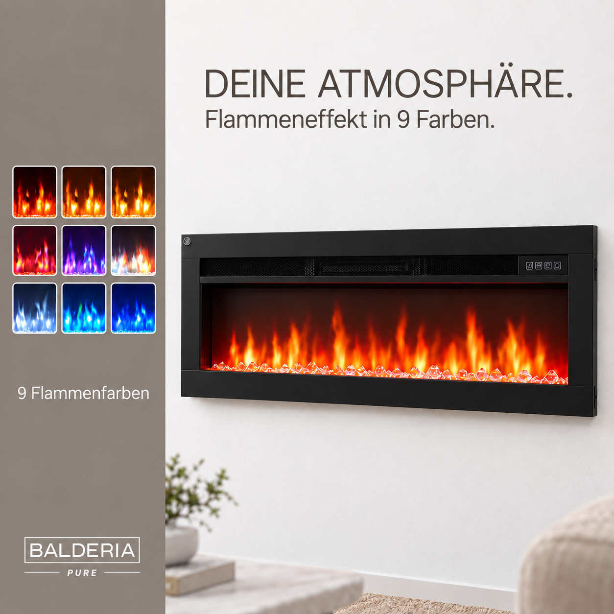 Wandkamin mit orangefarbenen Flammen und neun Farboptionen.