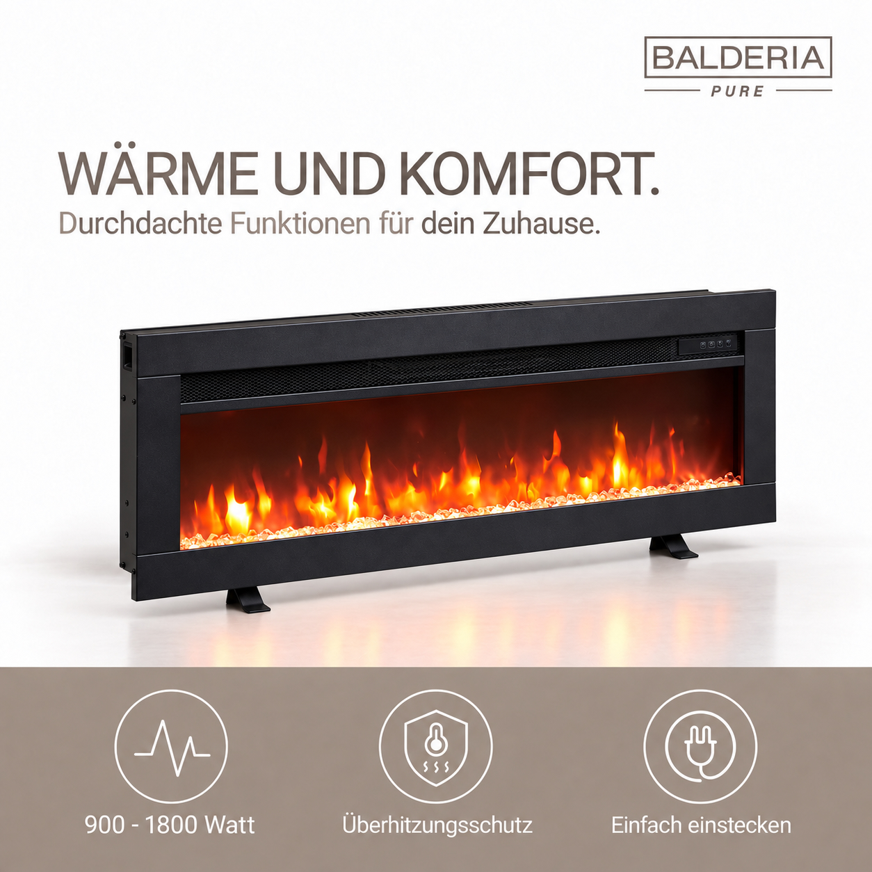 Schwarzer elektrischer Kamin von Balderia mit simulierten Flammen, Text oben und drei Funktionssymbolen unten.