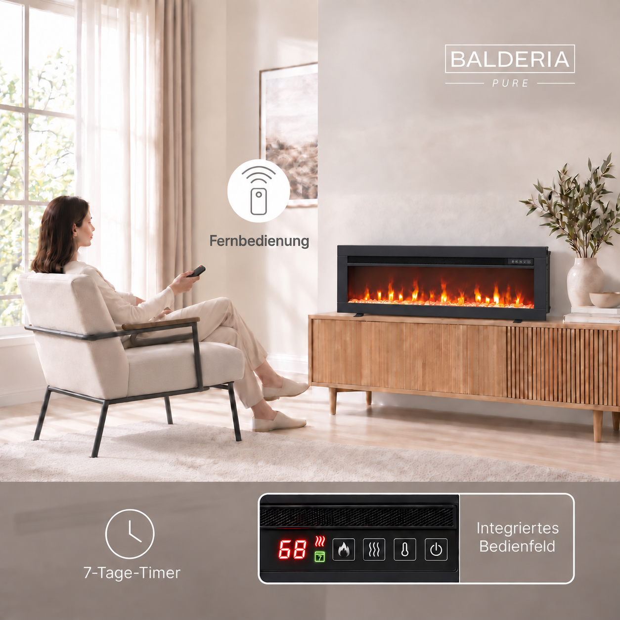 Frau sitzt in einem Sessel vor einem modernen elektrischen Kamin, hält eine Fernbedienung und bedient ihn.