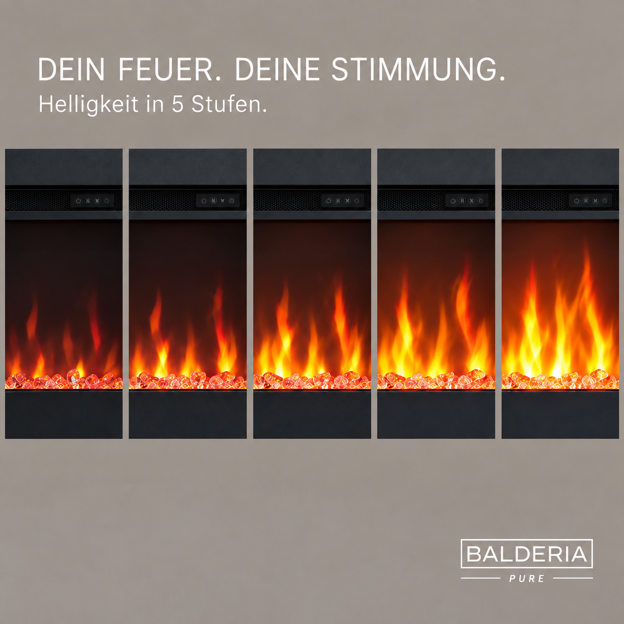Fünf Spalten zeigen ein elektrisches Kaminfeuer mit zunehmender Helligkeit in fünf Stufen.