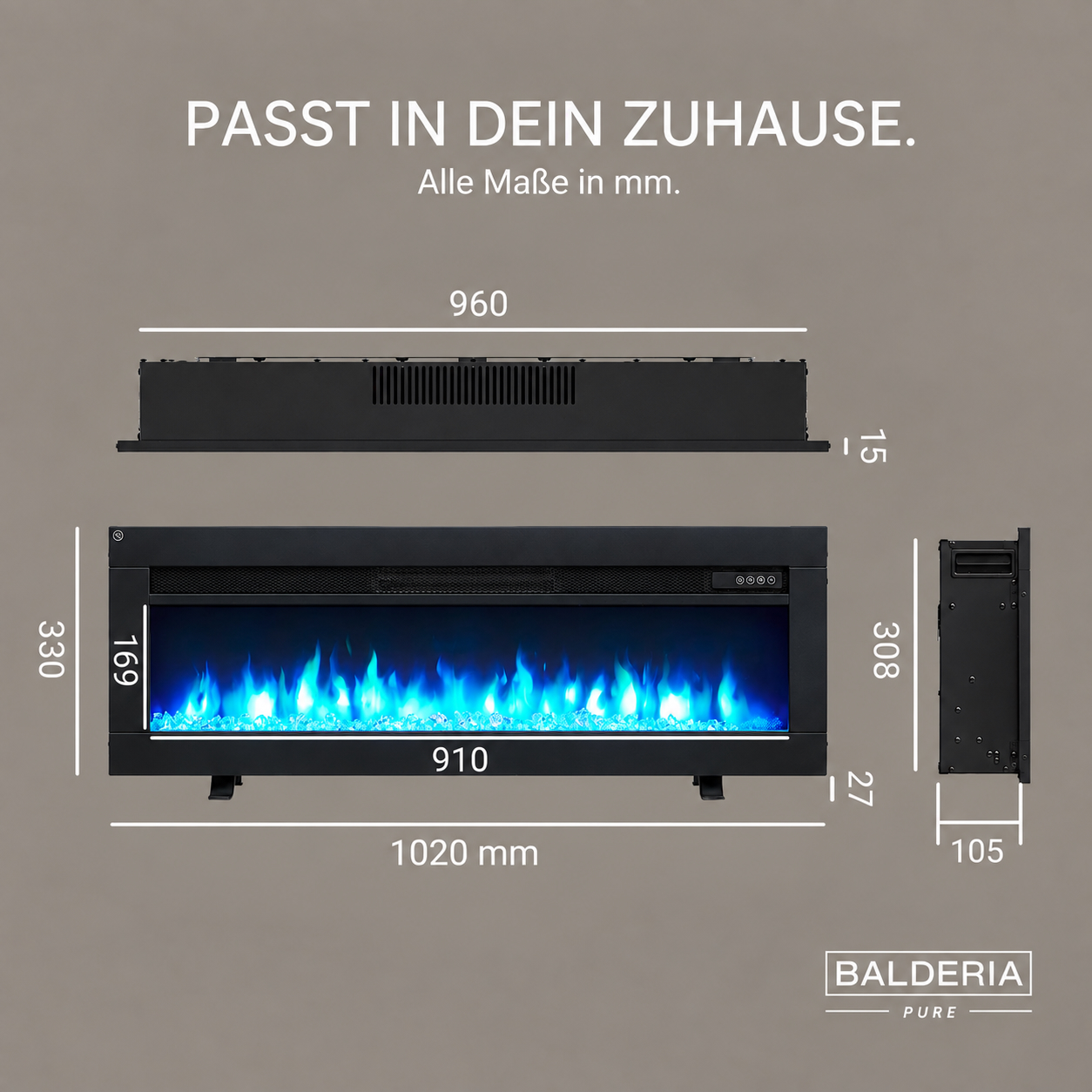 Technische Zeichnung eines schwarzen Elektrokamins mit blauen Flammen und verschiedenen Maßangaben in Millimetern.