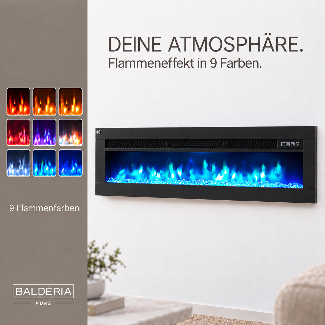 Wandkamin mit blauem Flammeneffekt und 9 Farboptionen auf grauer Tafel.