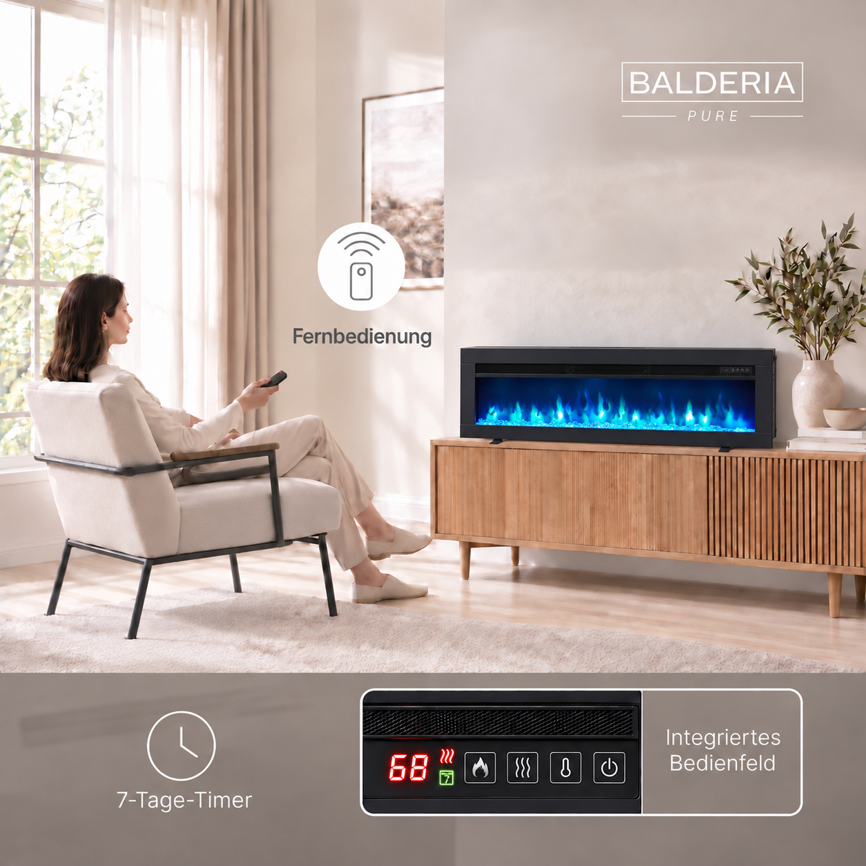 Frau sitzt in einem Sessel und bedient einen modernen Elektrokamin mit blauen Flammen per Fernbedienung.