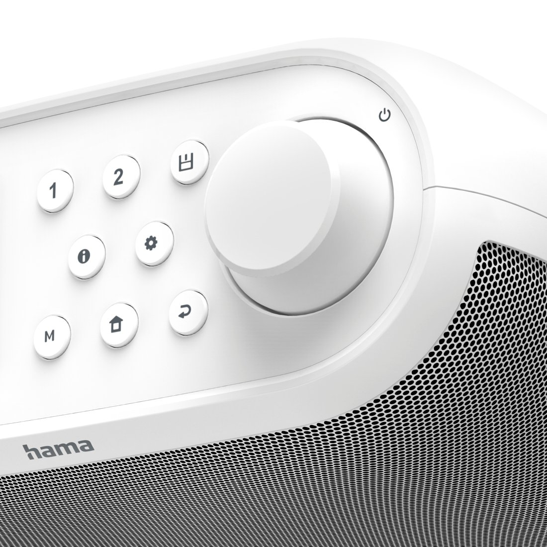 Primer plano de un dispositivo Hama blanco con botones redondos, un mando de volumen y una rejilla de altavoz.