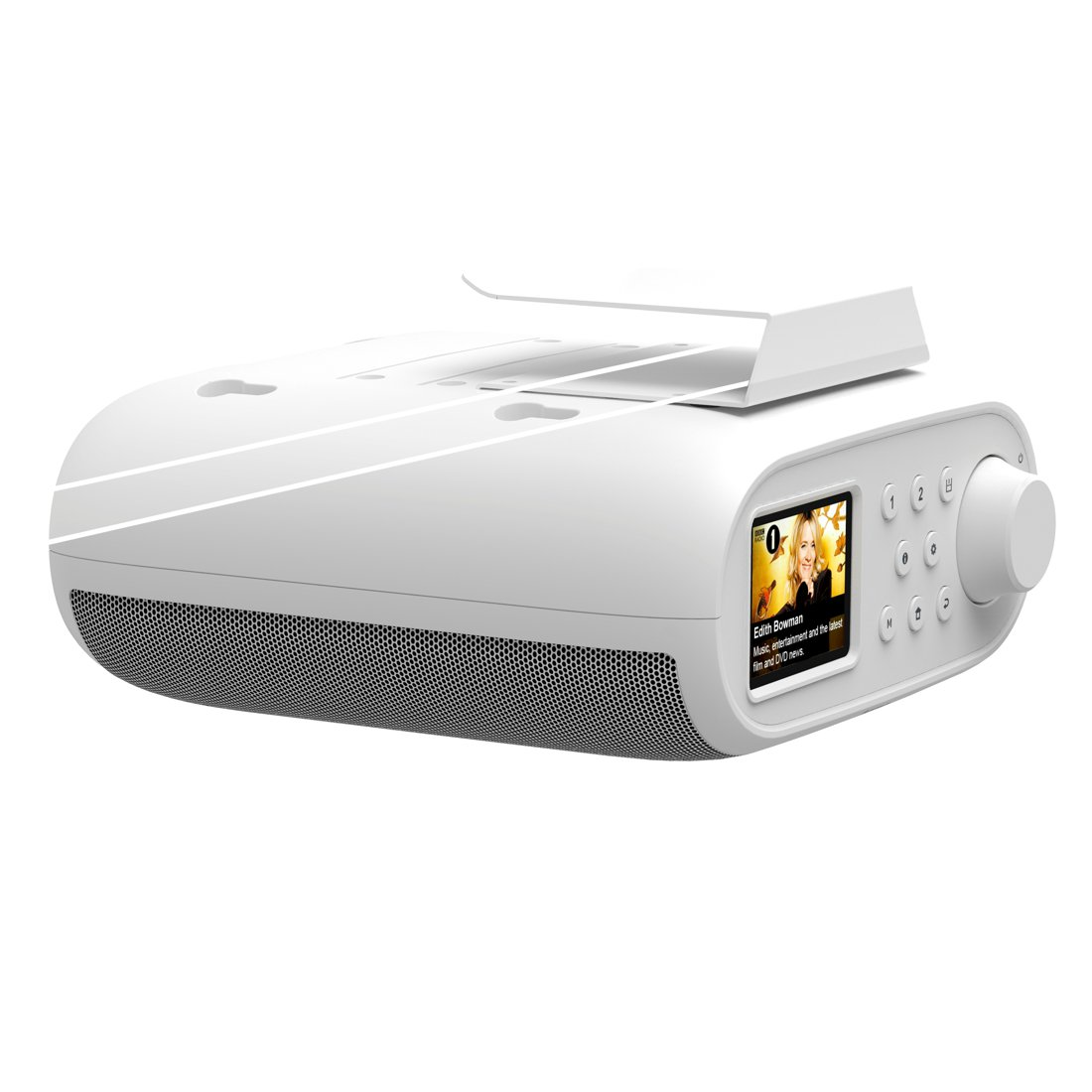 Una radio de cocina digital blanca con pantalla a color, botones de control, gran pomo giratorio y rejilla frontal.