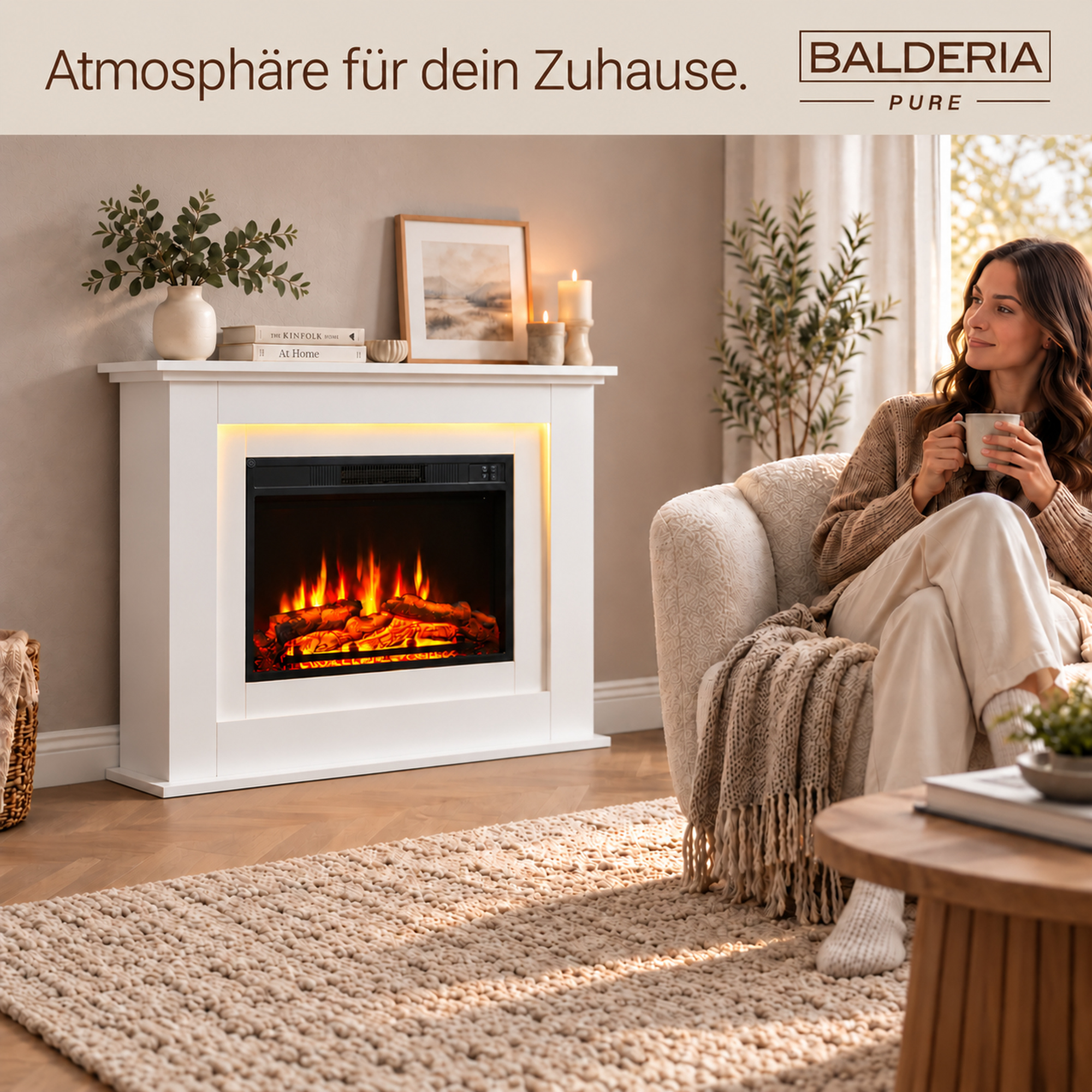 Eine Frau entspannt in einem Sessel mit einer Tasse neben einem modernen weißen Elektrokamin in einem gemütlichen Wohnzimmer.