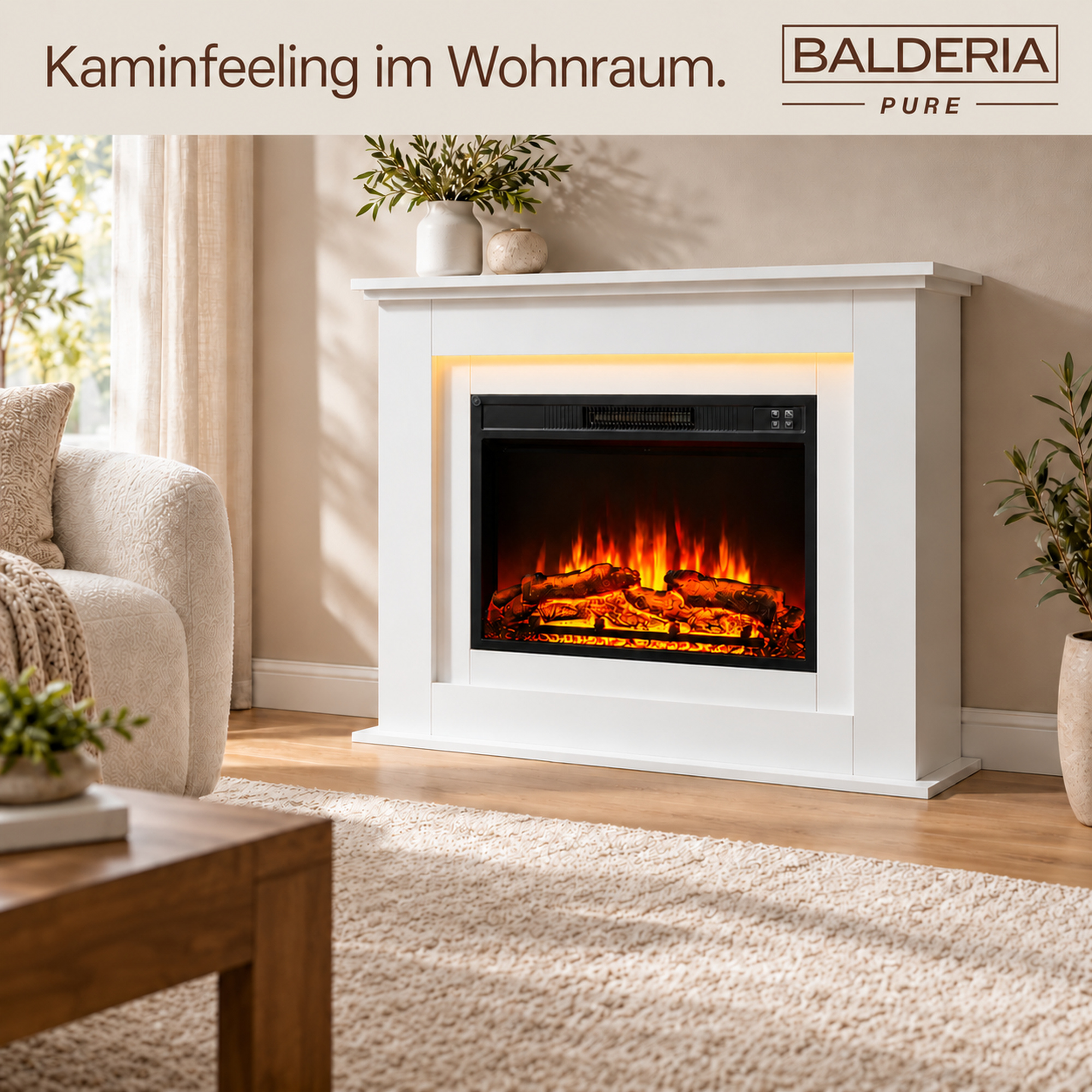 Ein weißer elektrischer Kamin im Wohnzimmer mit Holzofenfeueroptik, Teppich und Pflanzen.