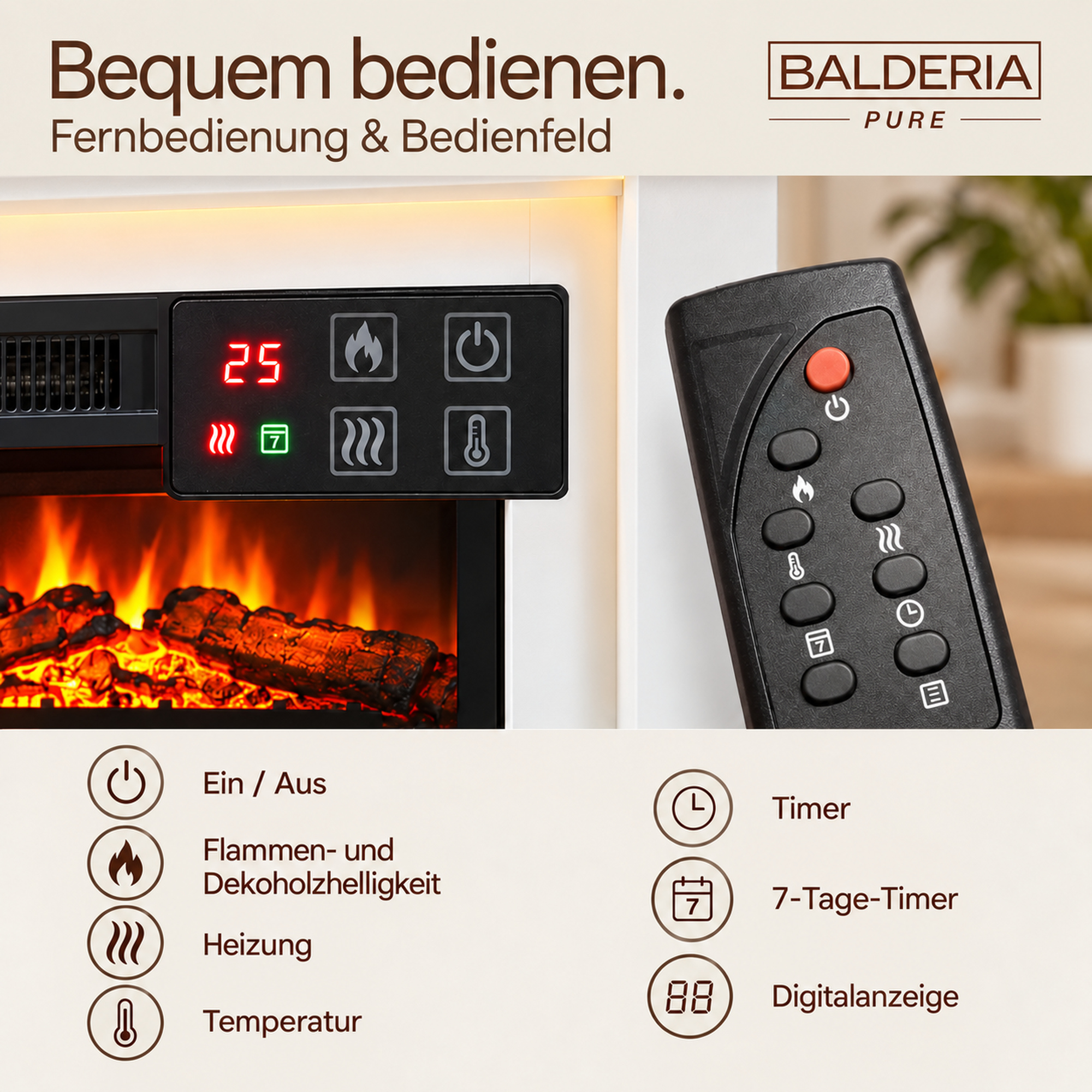 Fernbedienung und Bedienfeld eines elektrischen Kamins von Balderia.