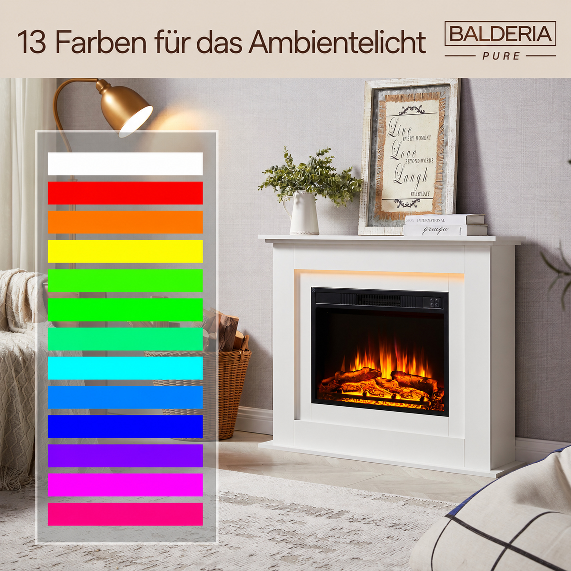 Ein weißer elektrischer Kamin in einem gemütlichen Zimmer mit einer Palette von 13 Farben für das Ambientelicht.