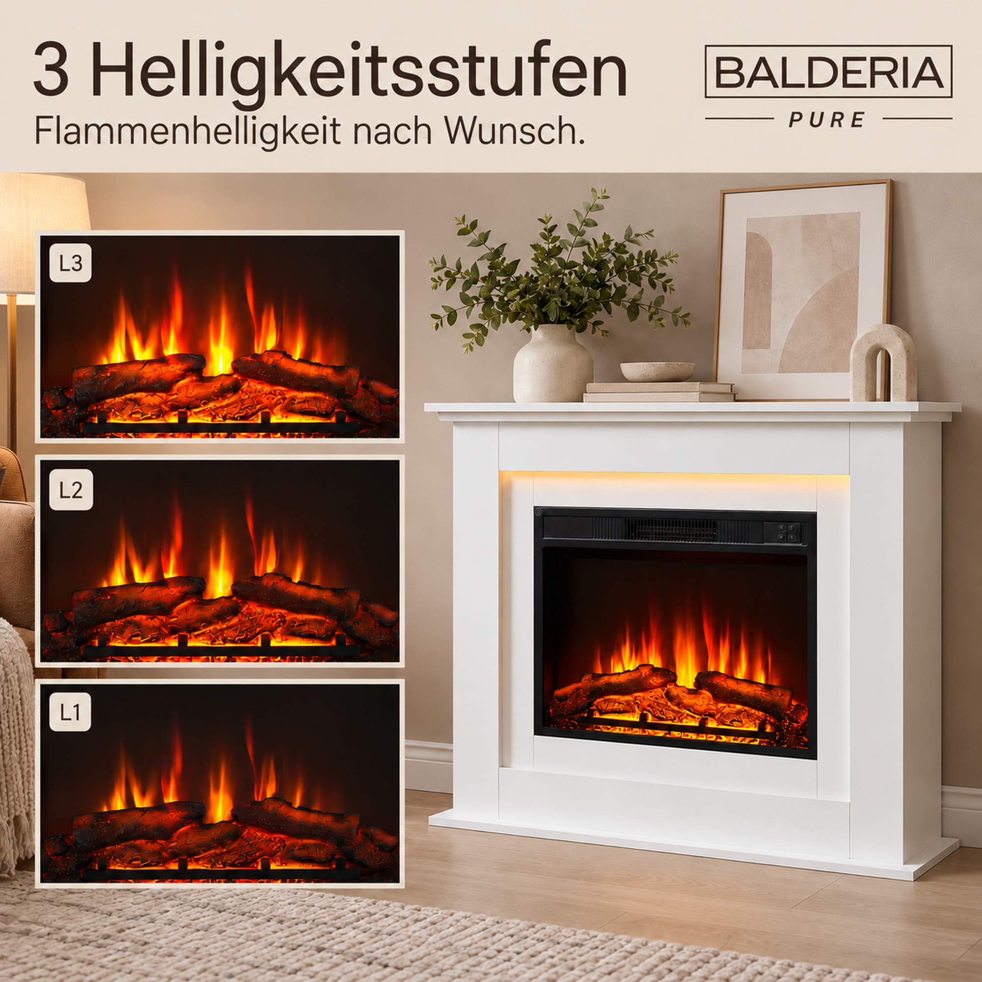 Ein weißer Elektrokamin zeigt drei Helligkeitsstufen für Flammen, mit Vase und gerahmtem Bild auf dem Sims.