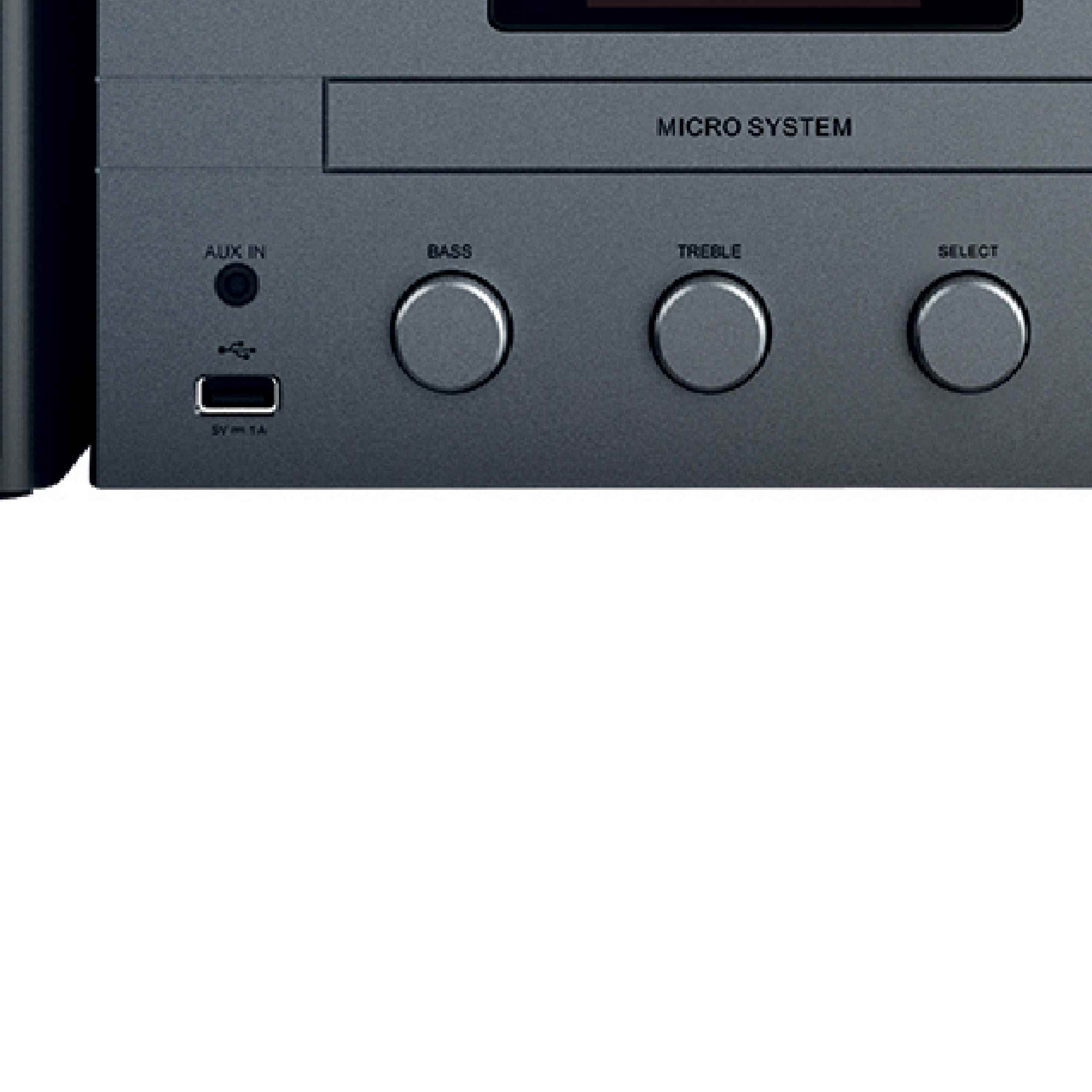 Frontplatte eines grauen Mikrosystems mit AUX-, USB-Anschlüssen und drei runden Knöpfen für Bass, Treble und Select.