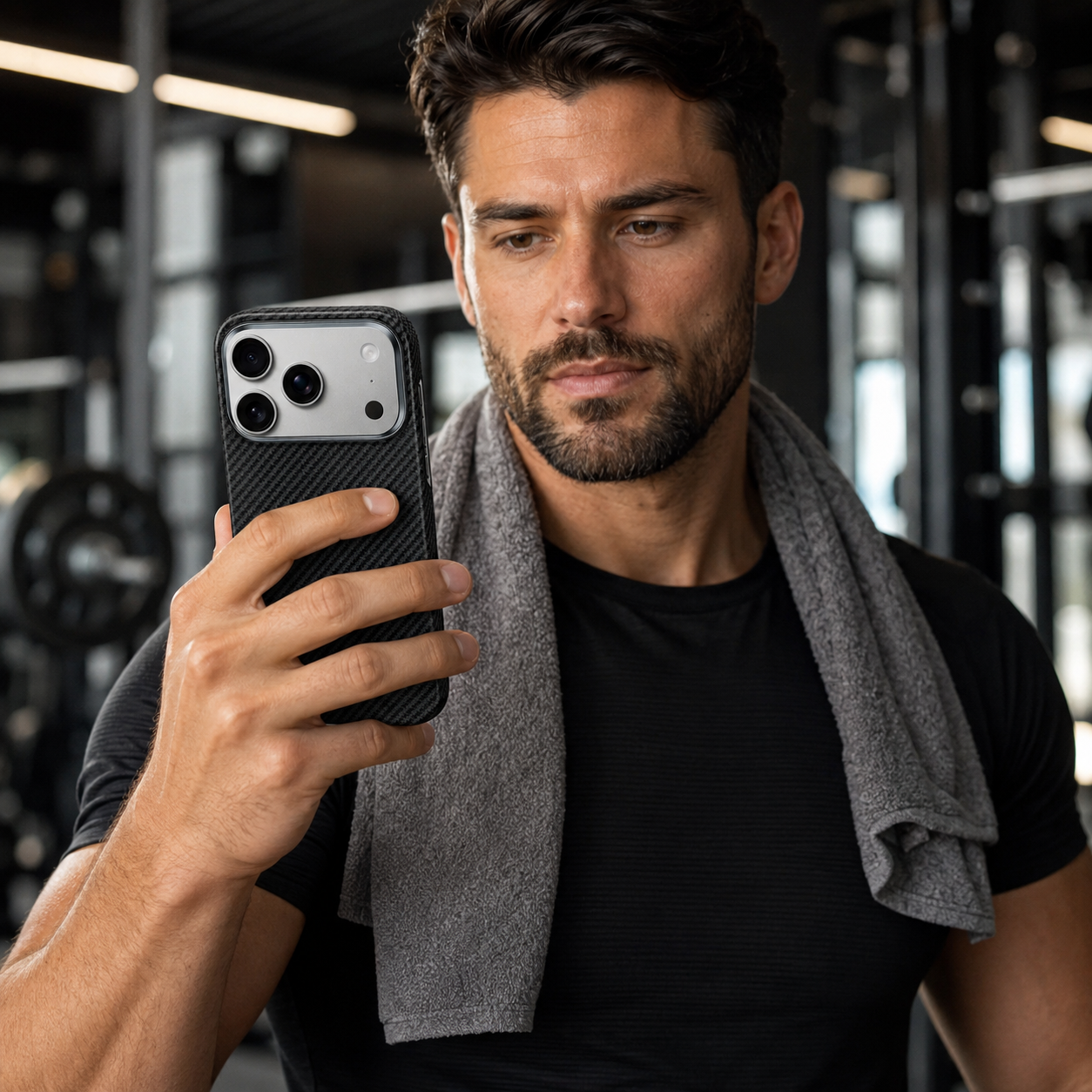 Un hombre con una toalla alrededor del cuello sostiene un teléfono inteligente en un gimnasio.