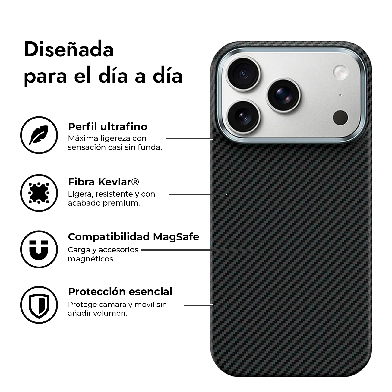 Una funda para smartphone de fibra de carbono negra con características destacadas en español.