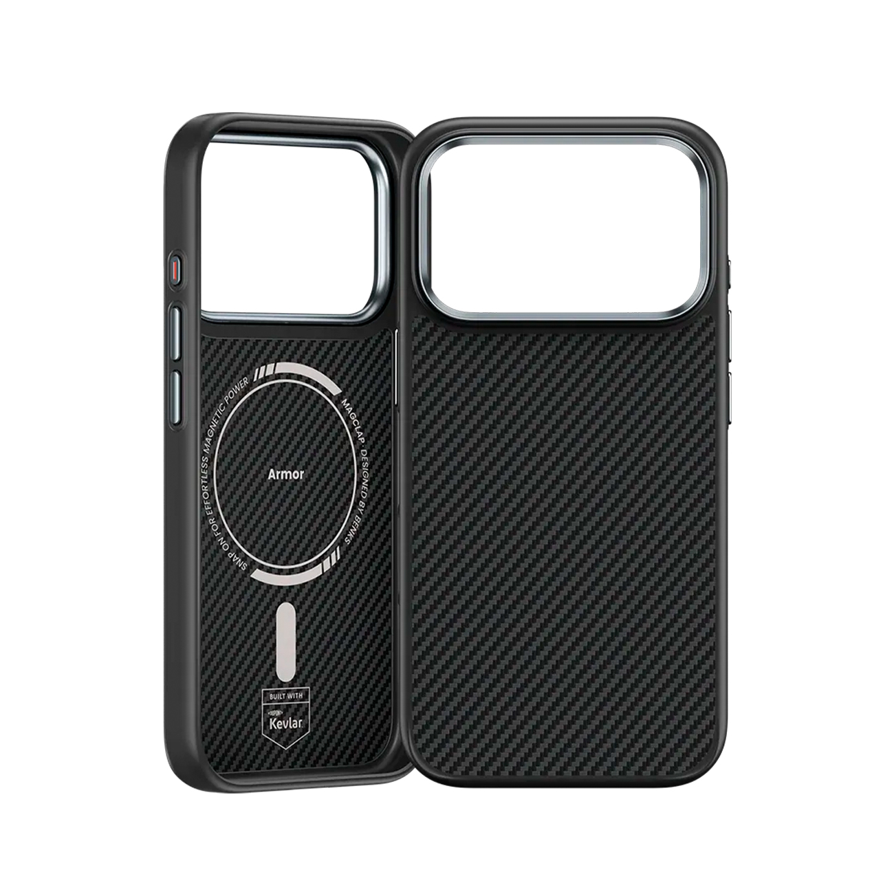 Funda de teléfono de fibra de carbono negra con anillo magnético MagSafe y logotipo de Kevlar.