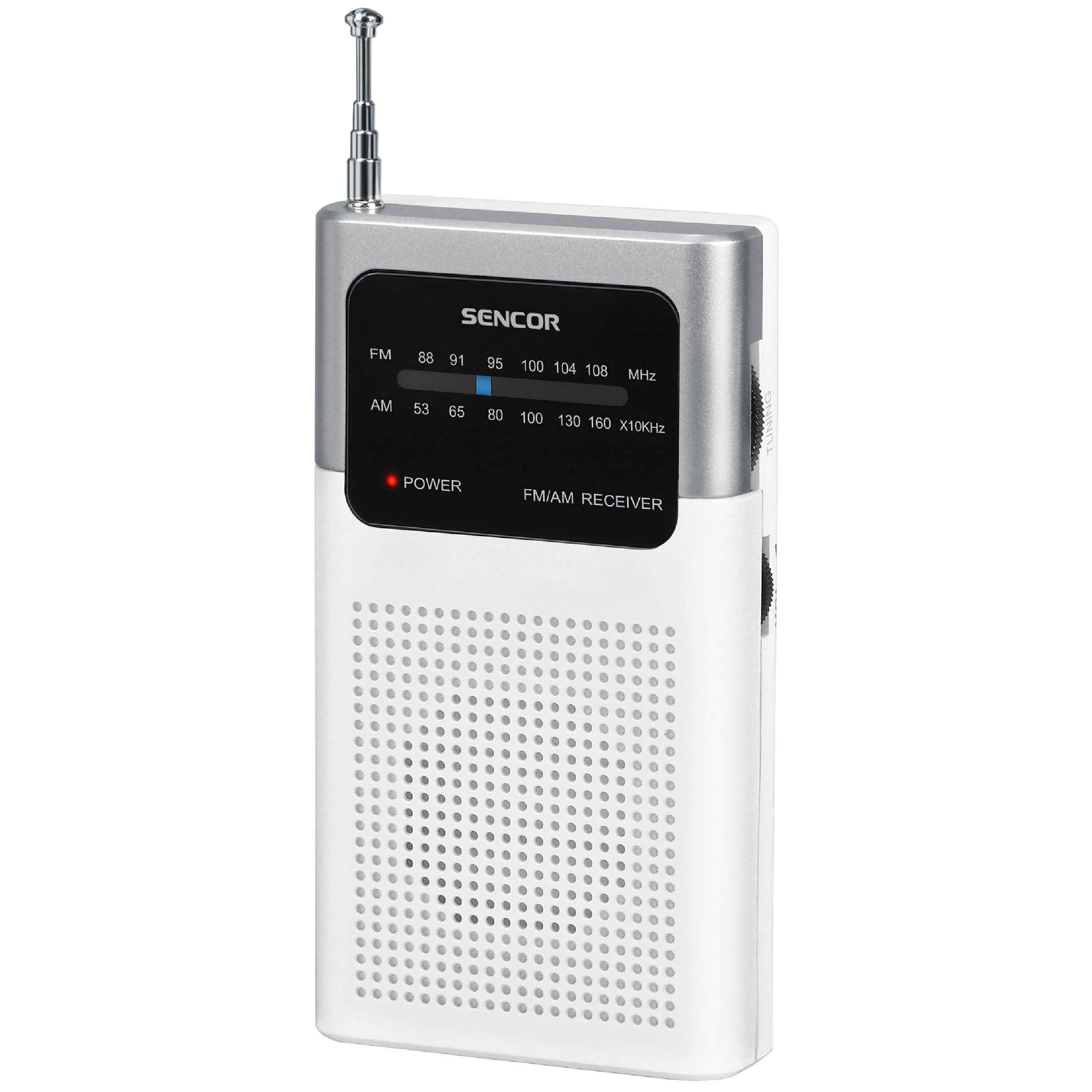 Tragbares Sencor FM/AM Radio in Weiß und Silber mit langer Antenne und Lautsprechergittern.