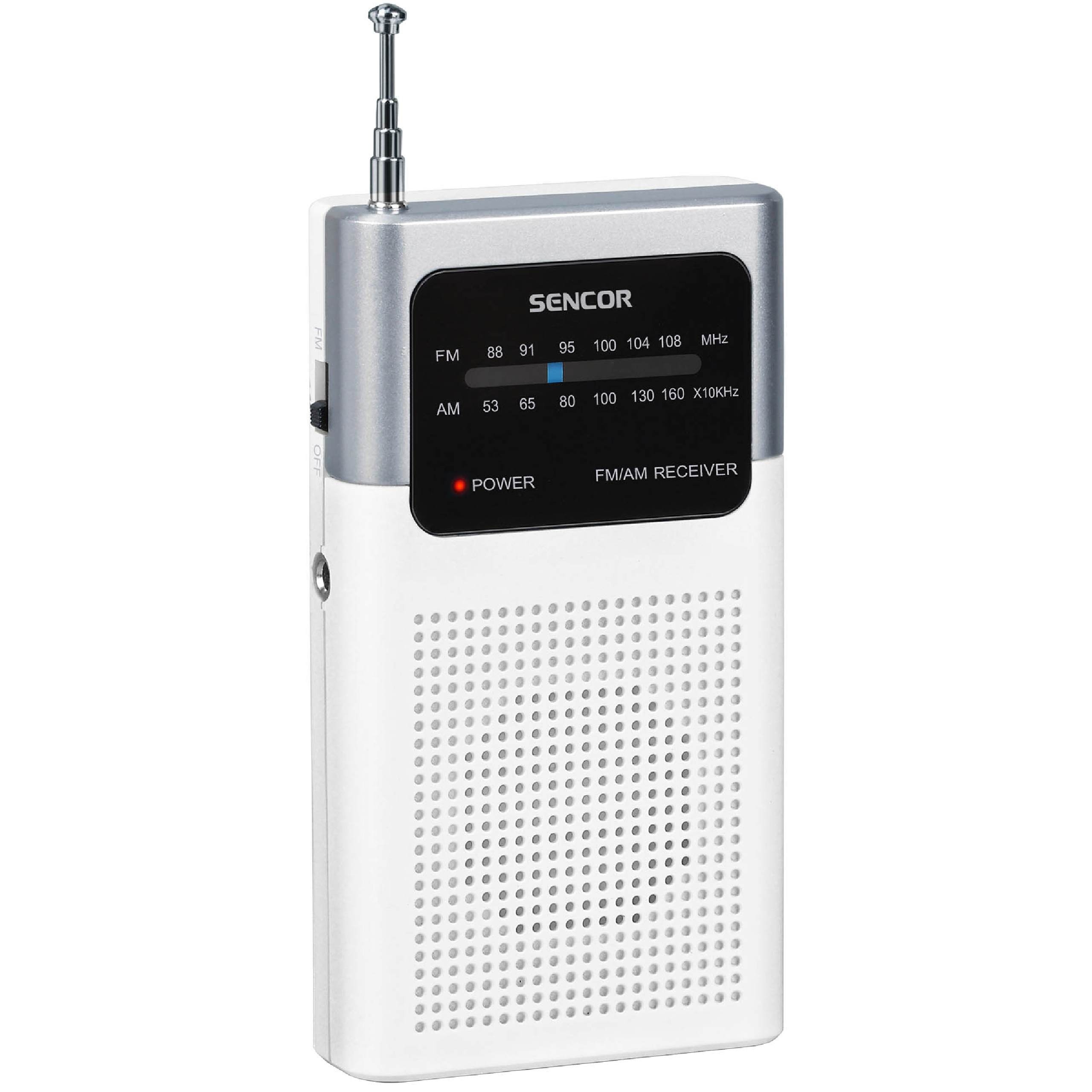 Tragbares Sencor FM/AM-Radio in Weiß und Silber mit Antenne und Lautsprechergitter.