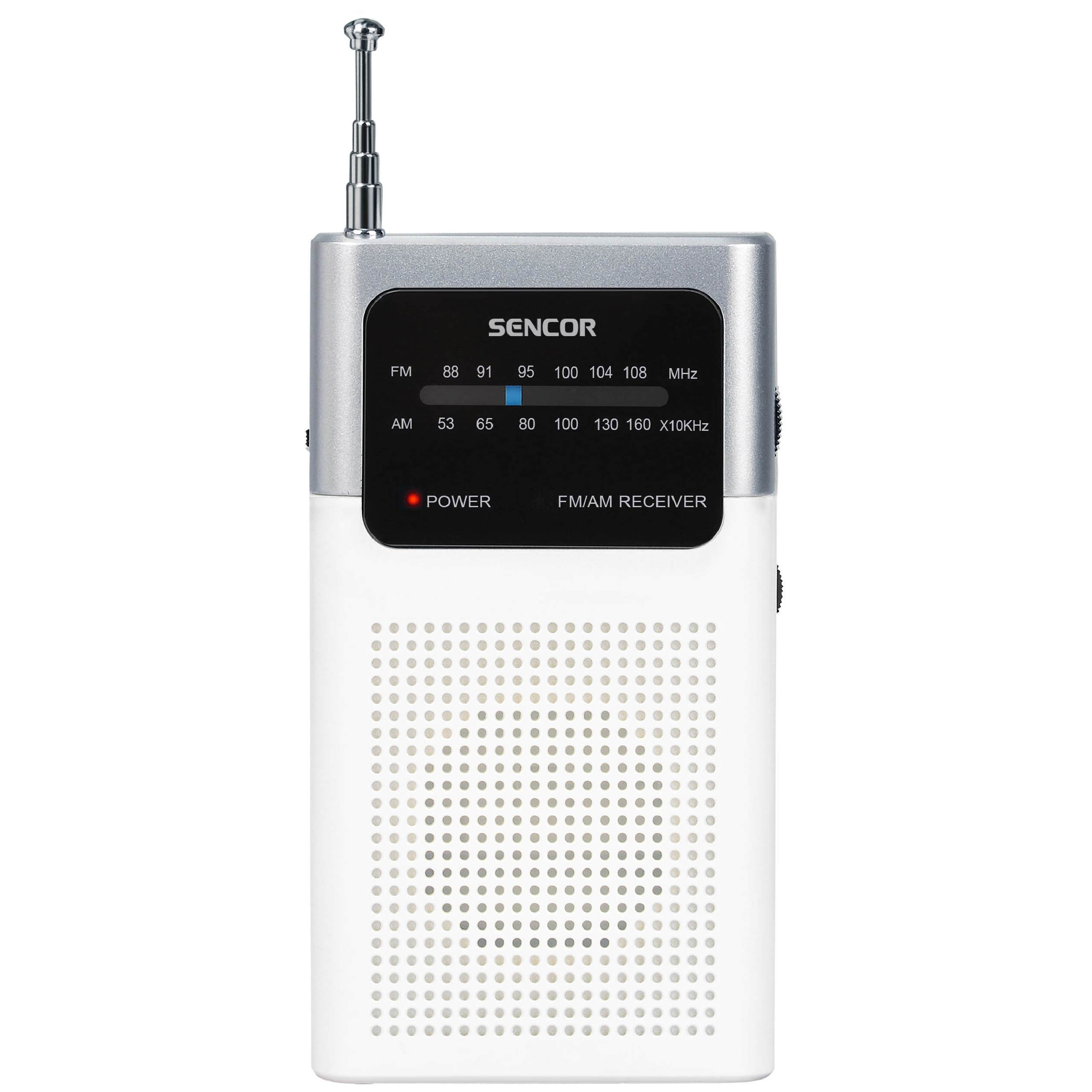 Tragbares Sencor AM/FM Radio in weiß und silber mit silberner Teleskopantenne.