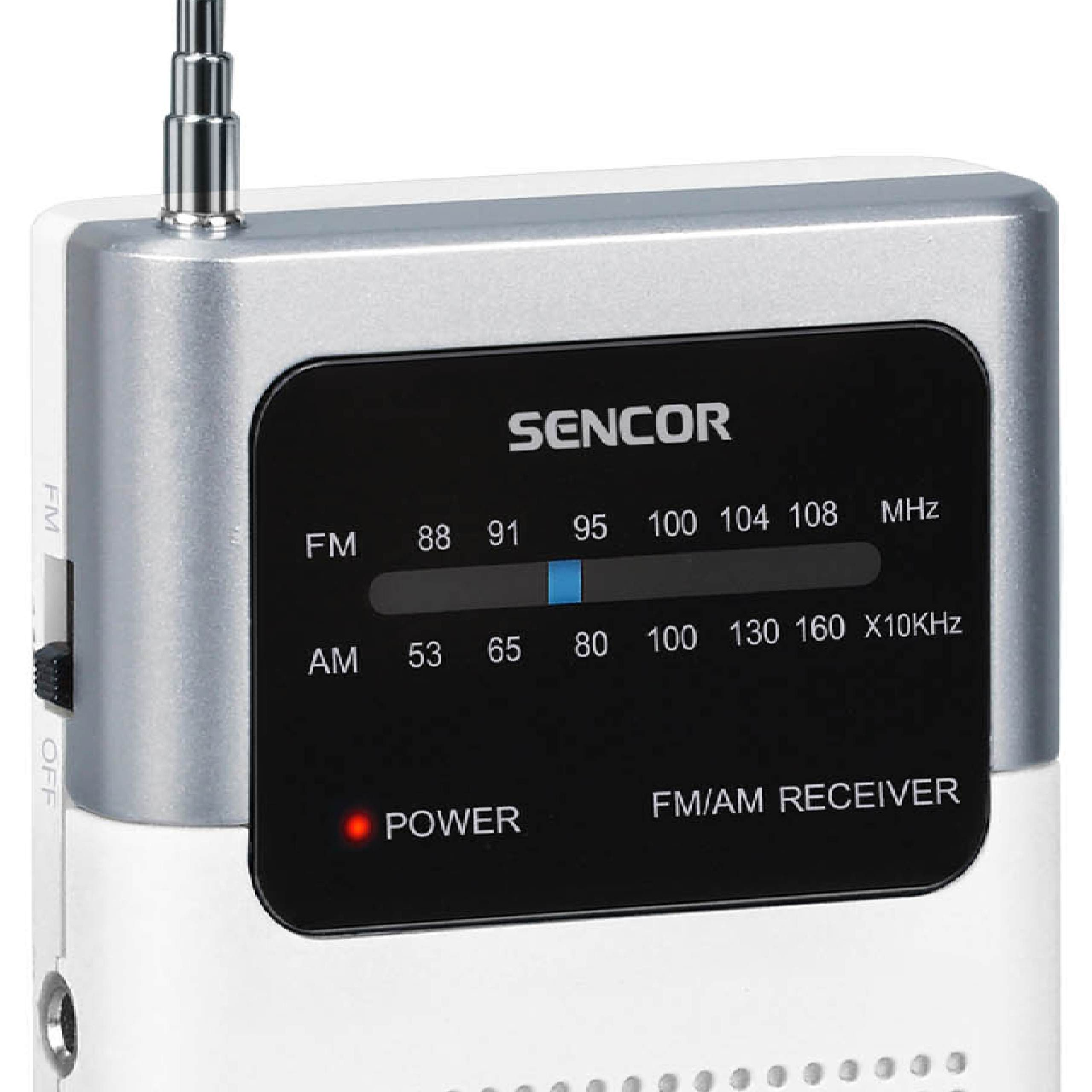 Kompakter Sencor FM/AM-Empfänger mit digitaler Frequenzanzeige und ausziehbarer Antenne.