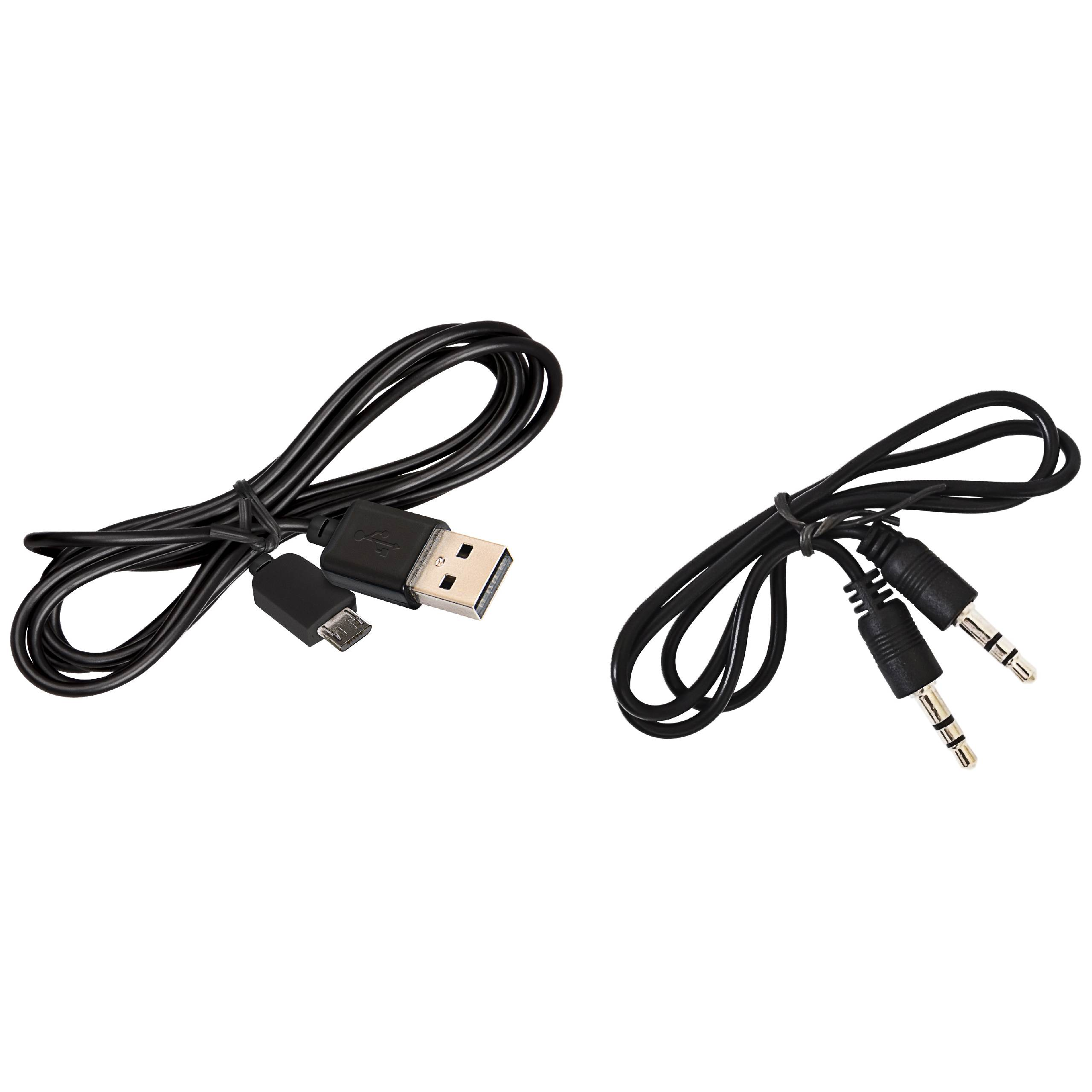 Zwei aufgewickelte schwarze Kabel auf weißem Grund: ein USB-Kabel und ein 3,5-mm-Klinkenkabel.