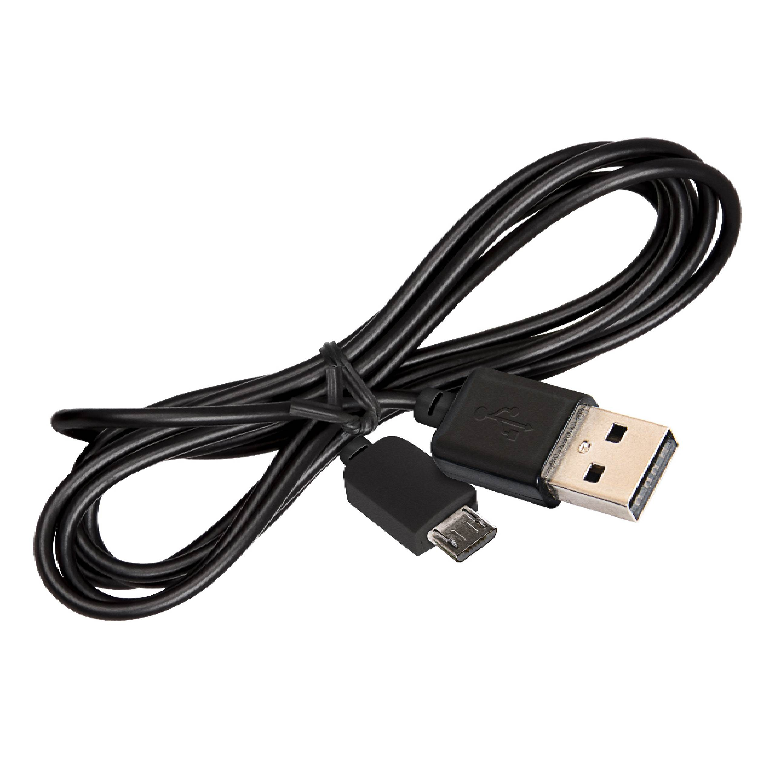 Ein aufgerolltes schwarzes USB-Kabel mit Standard-USB-A- und Micro-USB-Anschluss vor weißem Hintergrund.