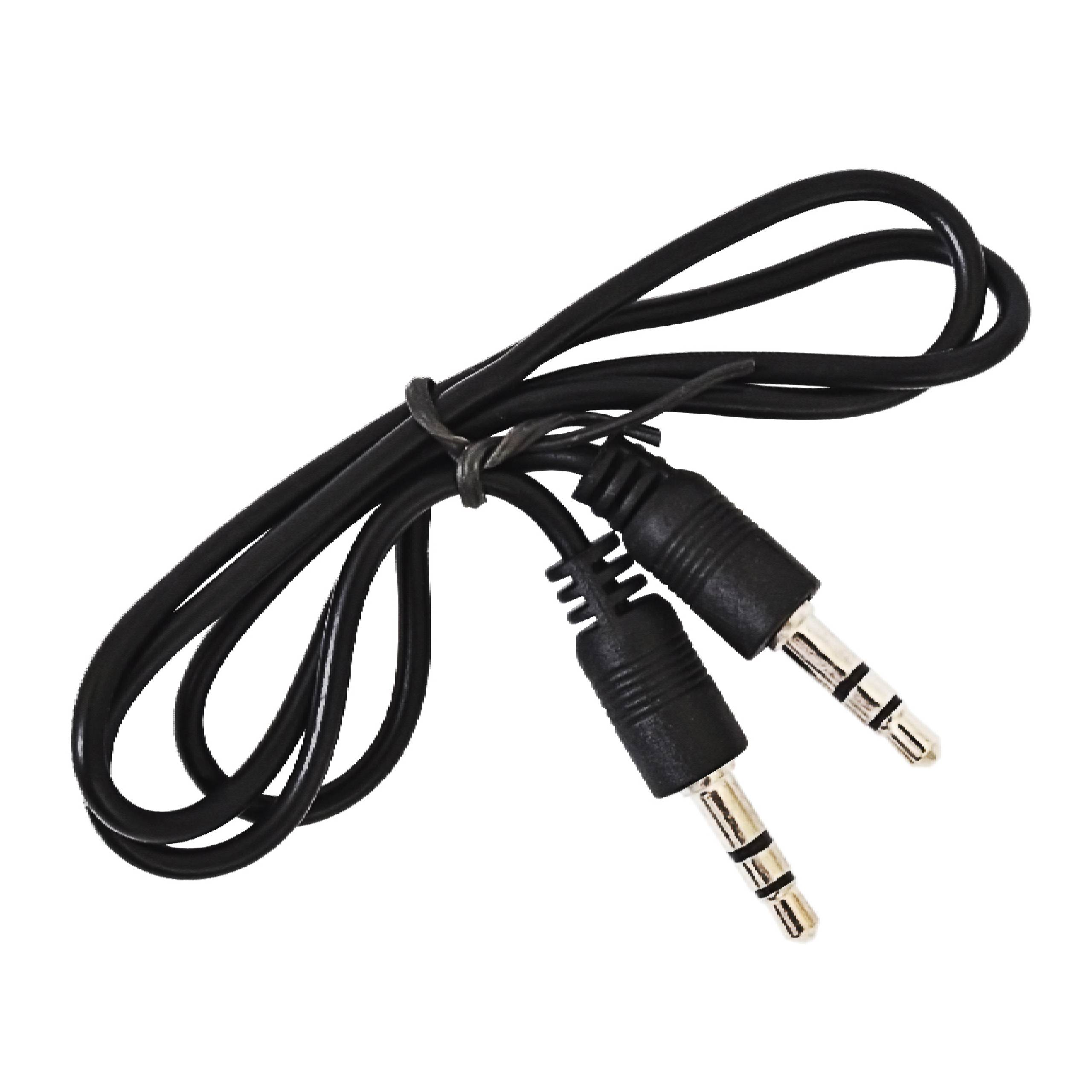 Ein schwarzes Audiokabel mit zwei 3,5-mm-Klinkensteckern auf weißem Hintergrund.