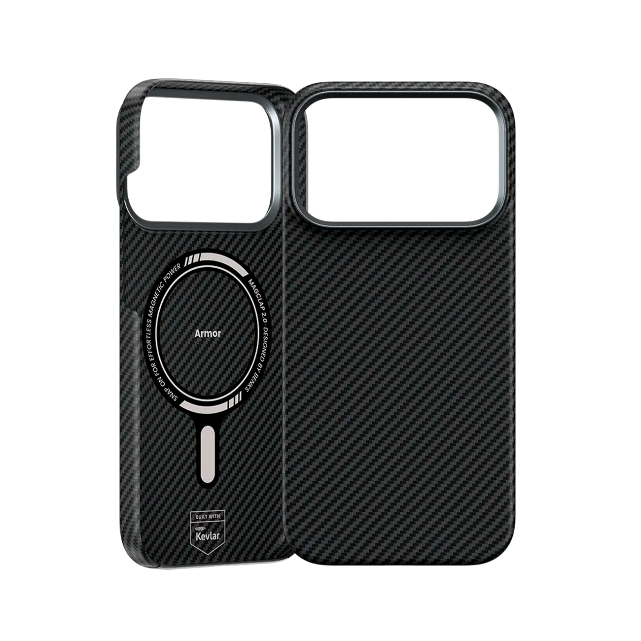 Funda de movil negra de Kevlar con anillo MagSafe y recorte para camara.
