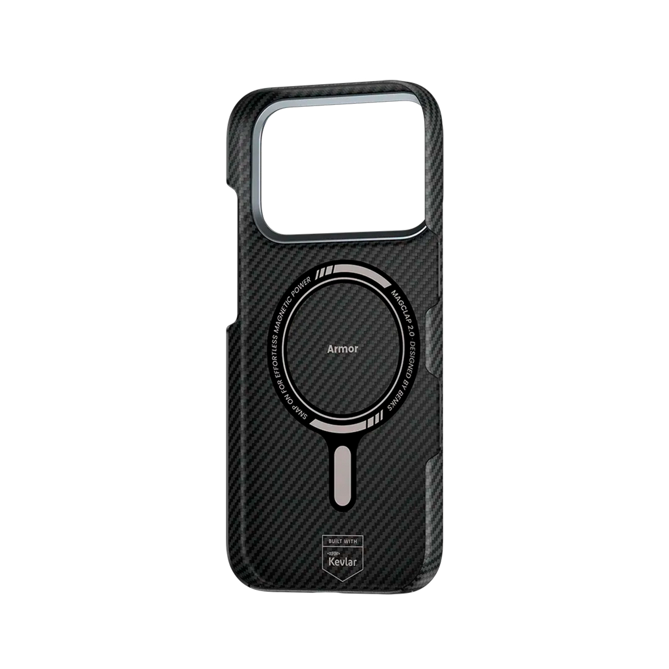 Funda de teléfono de fibra de carbono negra con anillo MagSafe y logo Kevlar.