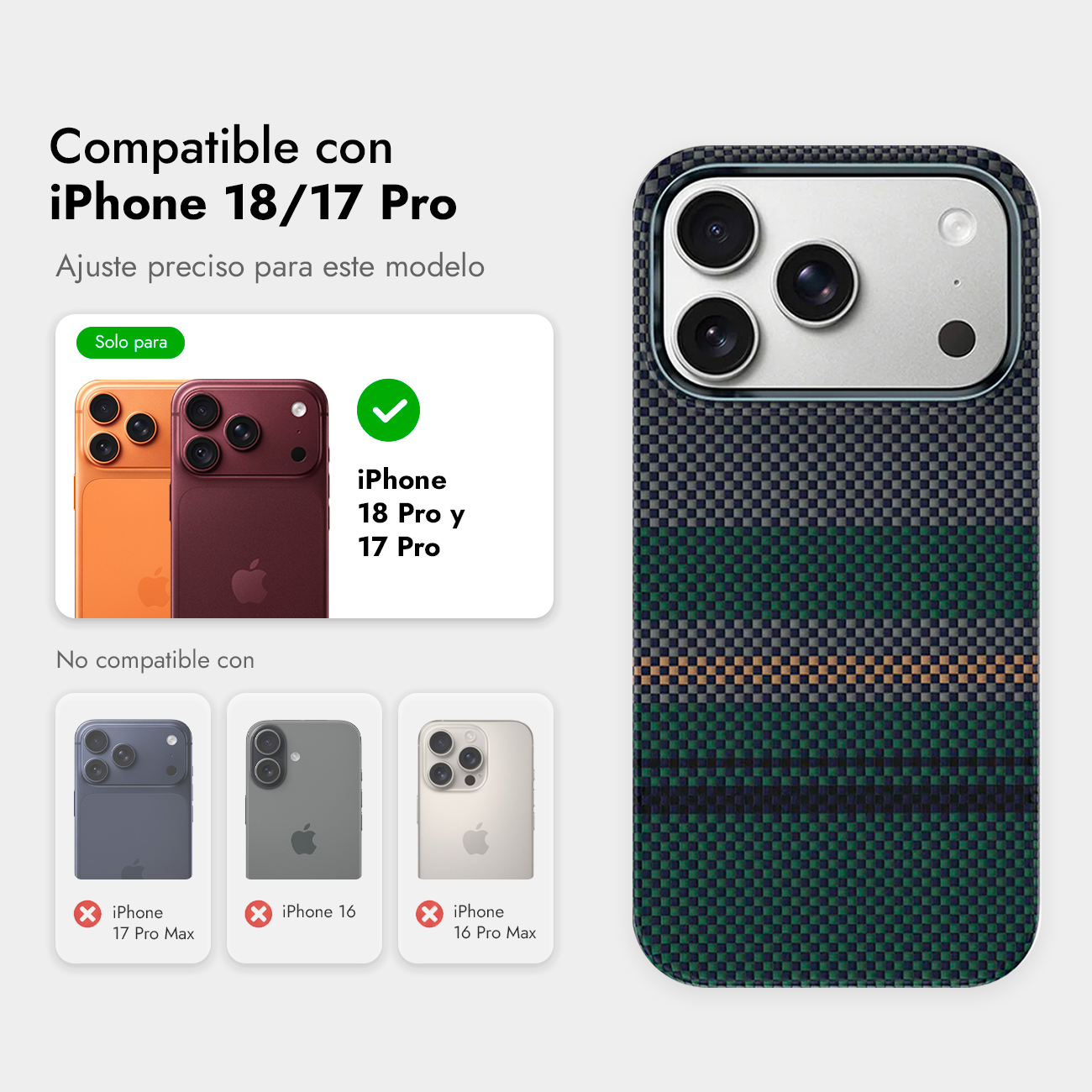 Funda para iPhone 18 y 17 Pro con patrón tejido colorido y módulo de cámara.