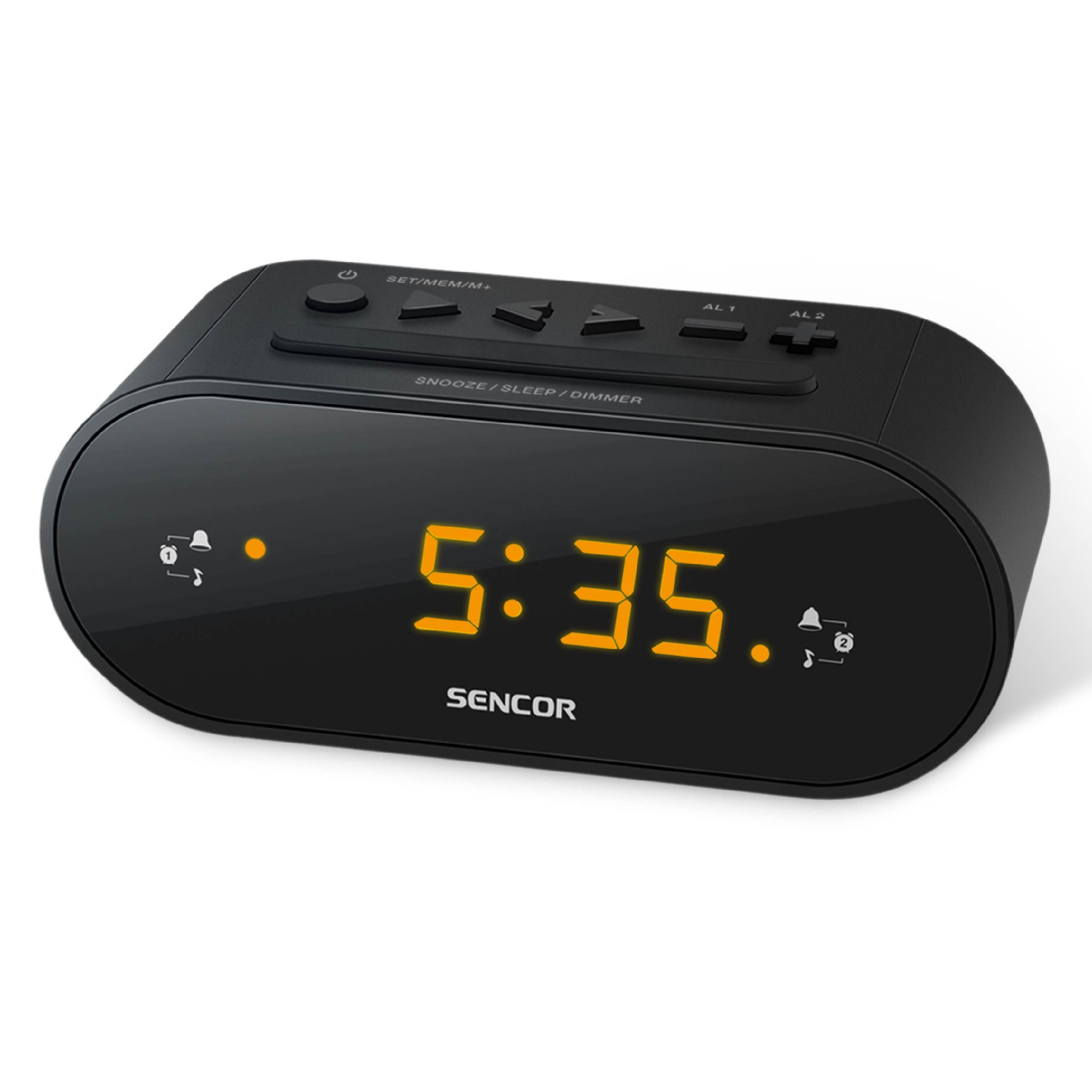 Un despertador digital Sencor negro con pantalla LED naranja que muestra las 5:35 sobre una superficie blanca.