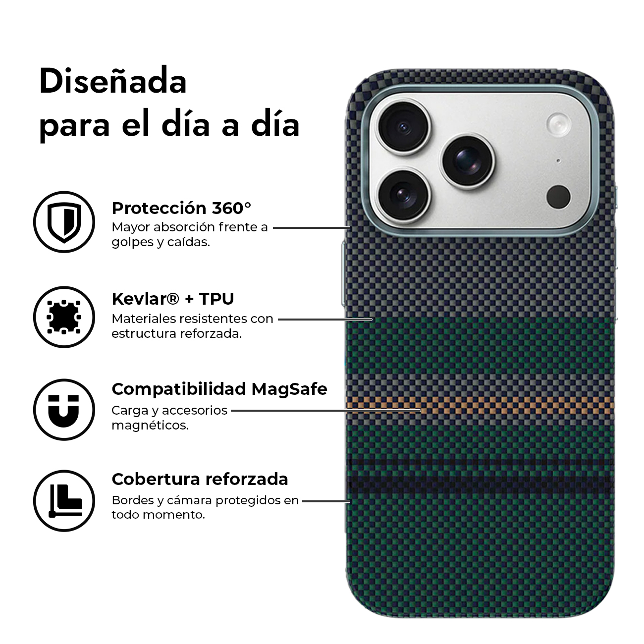Smartphone con funda protectora de Kevlar y TPU estampada, con recorte de cámara y cuatro iconos a la izquierda.